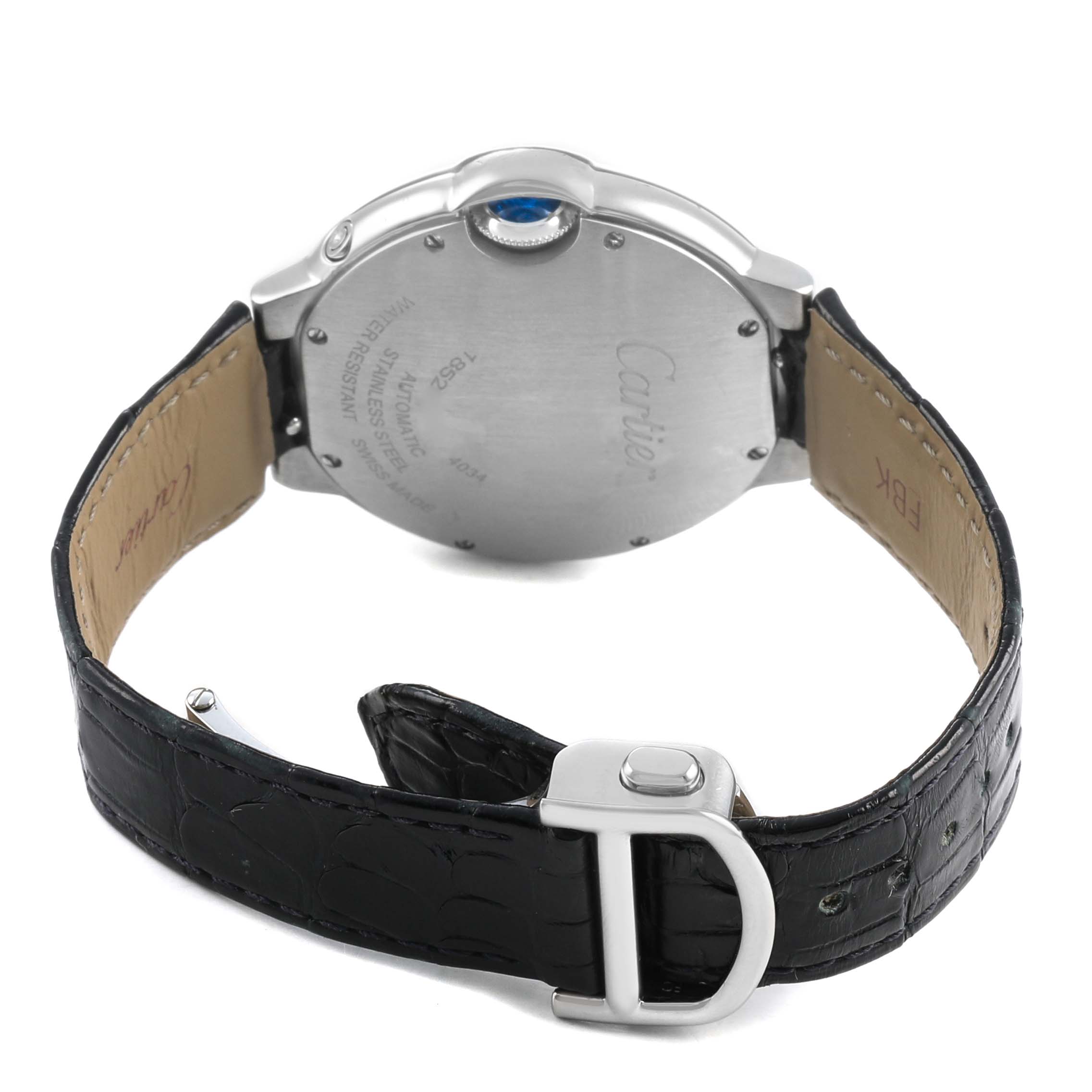 The image shows the back and side of a Cartier Ballon Bleu WSBB0029 Men's Stainless Steel Silver Dial watch, highlighting the case back, crown, and leather strap with buckle.