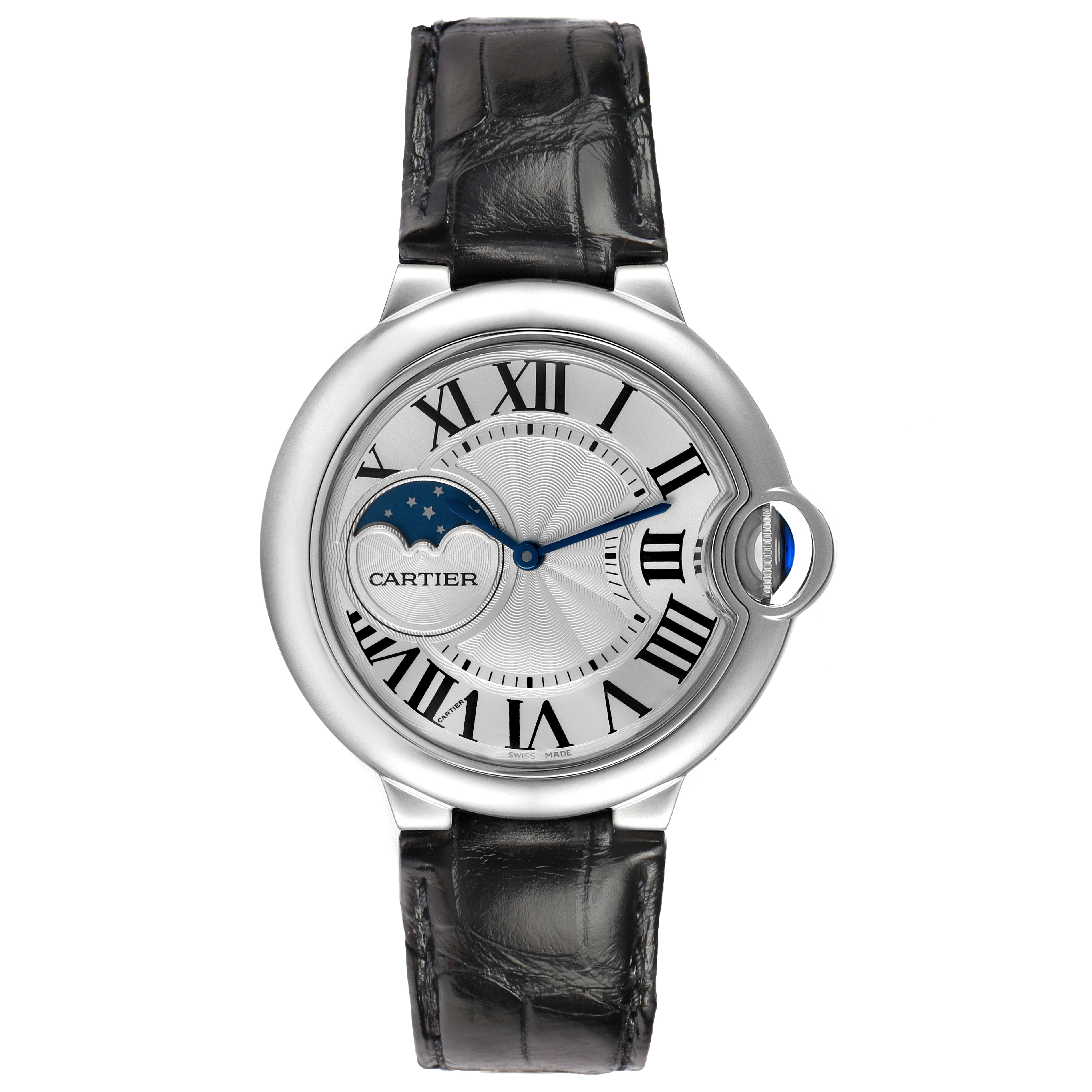 The Ballon Bleu by Cartier is shown from a front view displaying the watch face, crown, and leather strap.