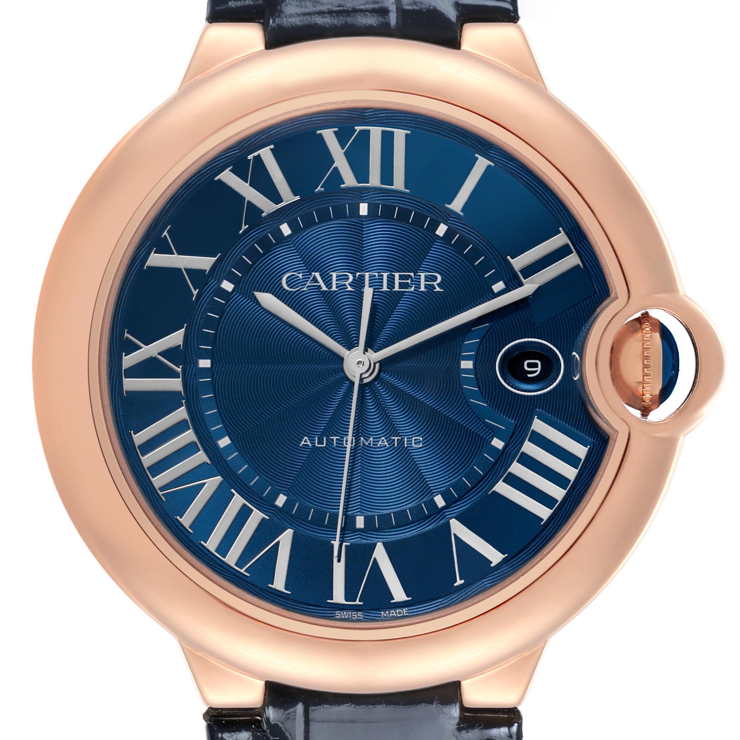 The Cartier Ballon Bleu WGBB0036 Men's Rose Gold Blue Dial WGBB0036 Men's Rose Gold Blue Dial watch is shown from the front, highlighting the rose gold case, blue dial, and Roman numerals.