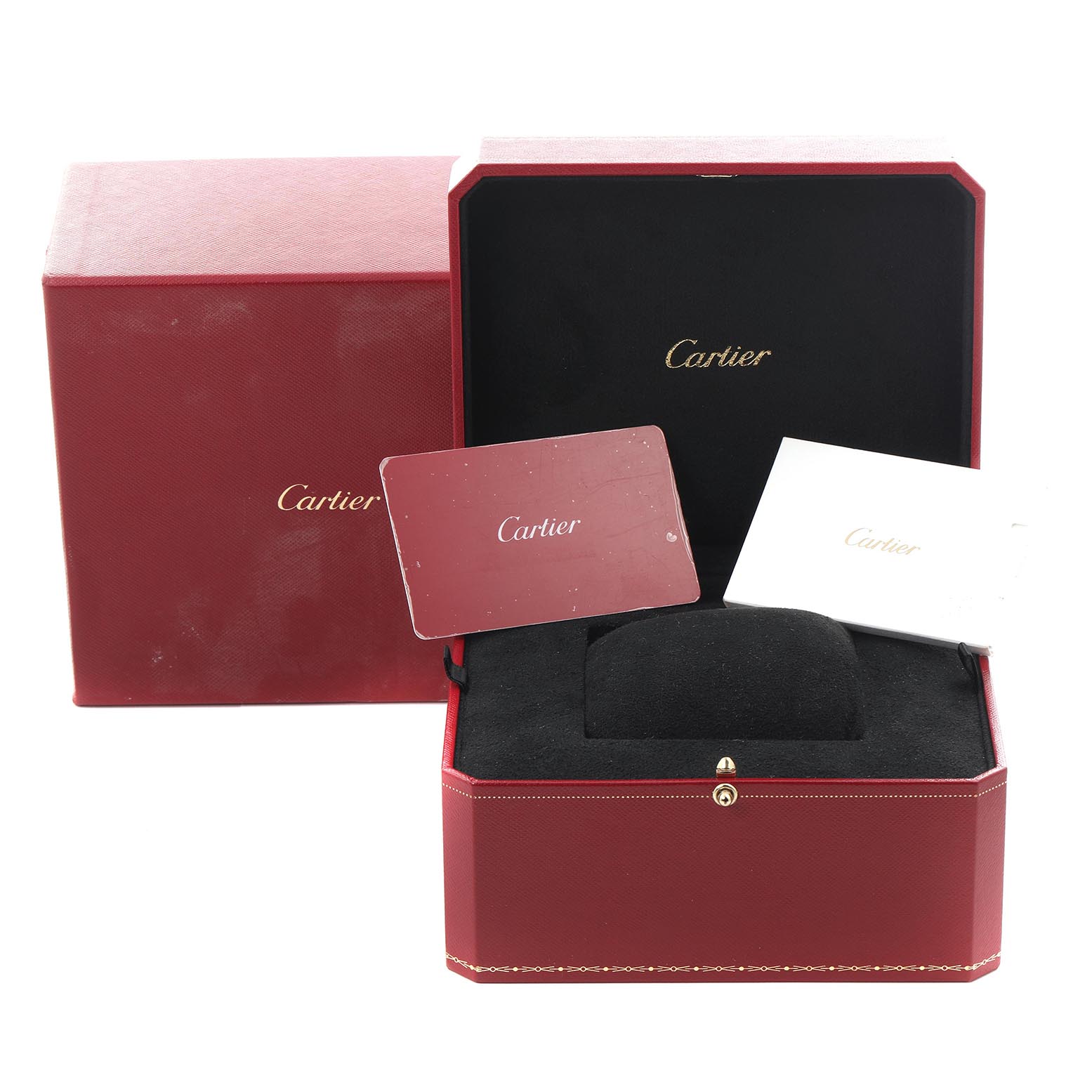The image shows the packaging of a Cartier Ballon Bleu WGBB0036 Men's Rose Gold Blue Dial WGBB0036 Men's Rose Gold Blue Dial watch, including an open box, manual, and card.