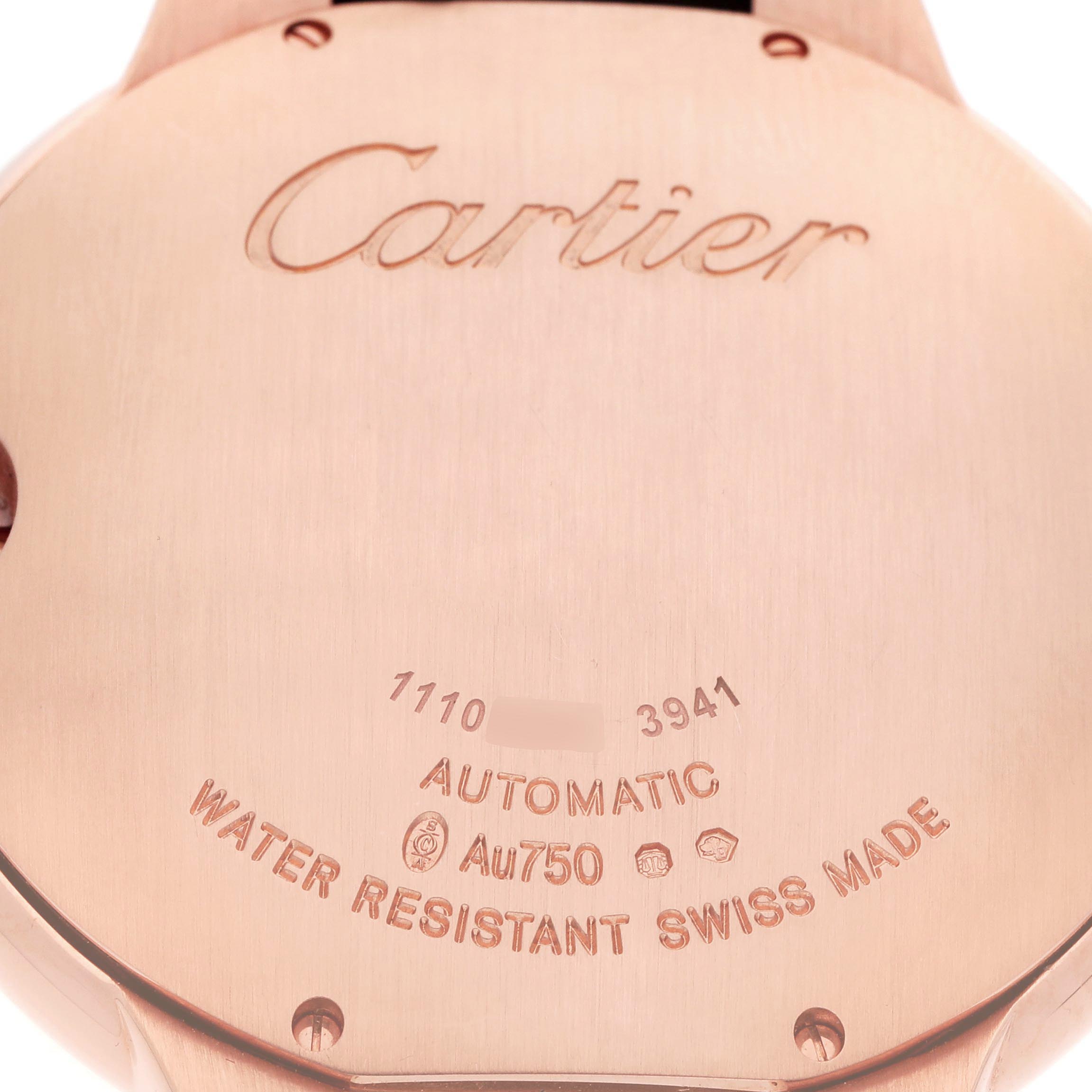The image shows the back case of a Cartier Ballon Bleu WGBB0036 Men's Rose Gold Blue Dial WGBB0036 Men's Rose Gold Blue Dial watch, highlighting the brand logo and specifications.