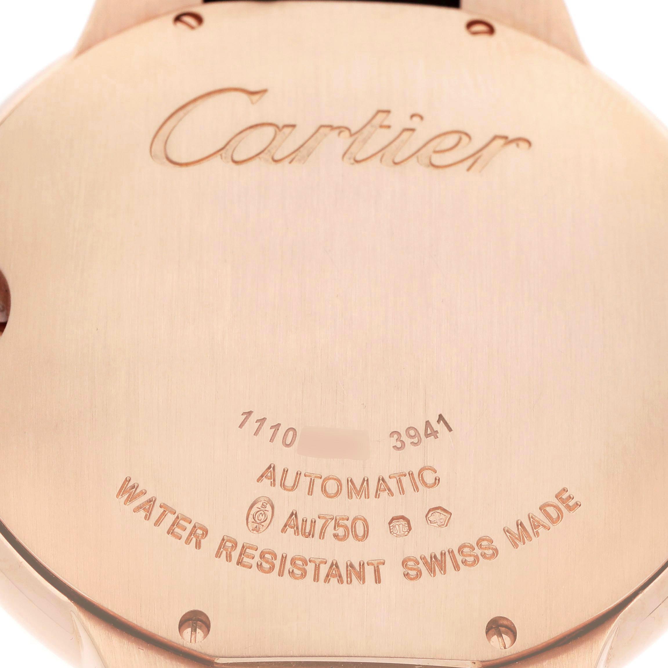 The image shows the back case of a Cartier Ballon Bleu WGBB0036 Men's Rose Gold Blue Dial watch, highlighting its engravings and specifications.