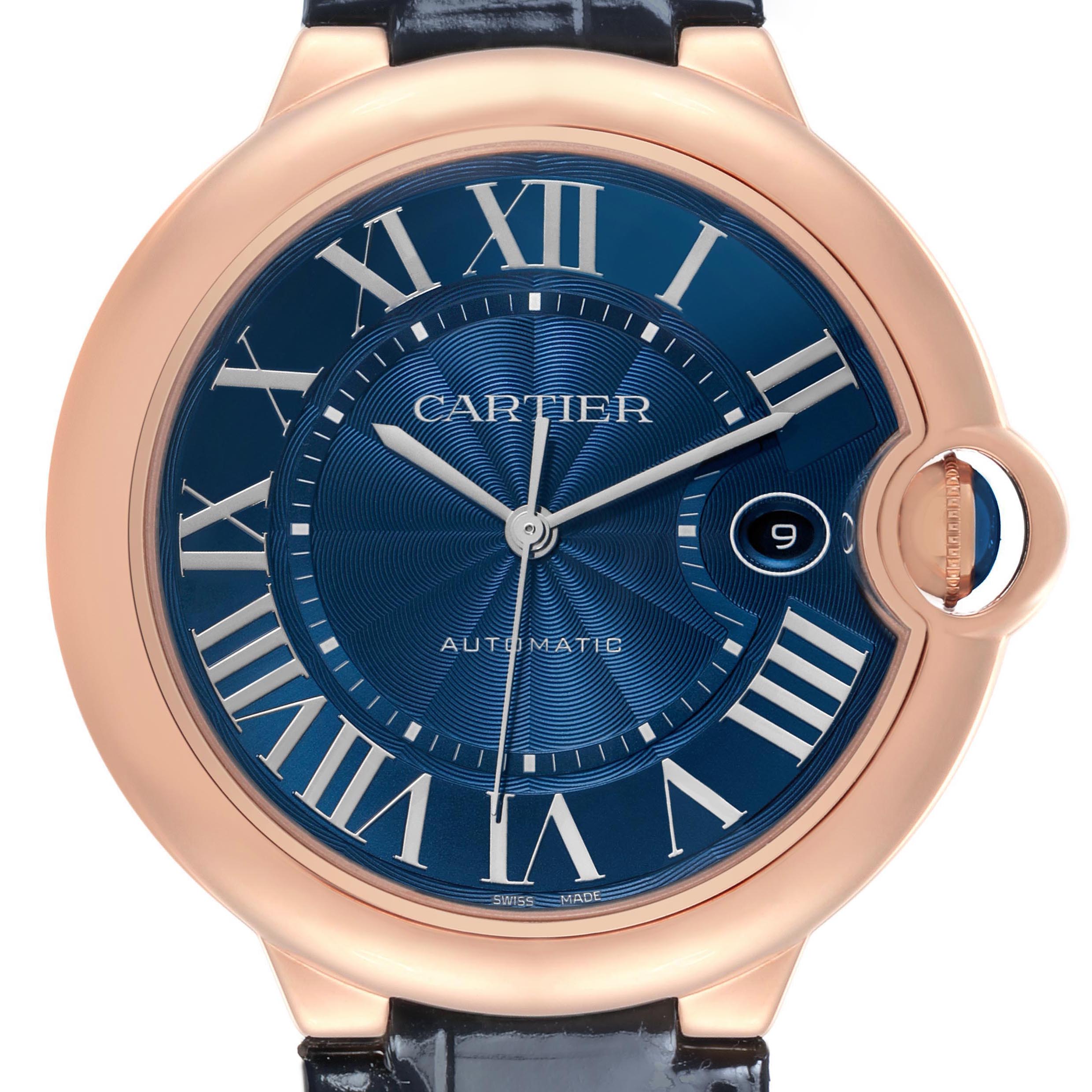 The image shows a frontal view of a Cartier Ballon Bleu WGBB0036 Men's Rose Gold Blue Dial watch, highlighting its blue dial, rose gold case, and date window.