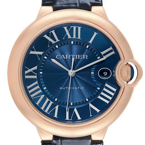 Photo of Cartier Ballon Bleu 42 Automatic Blue Dial Rose Gold Mens Watch WGBB0036 Box Card