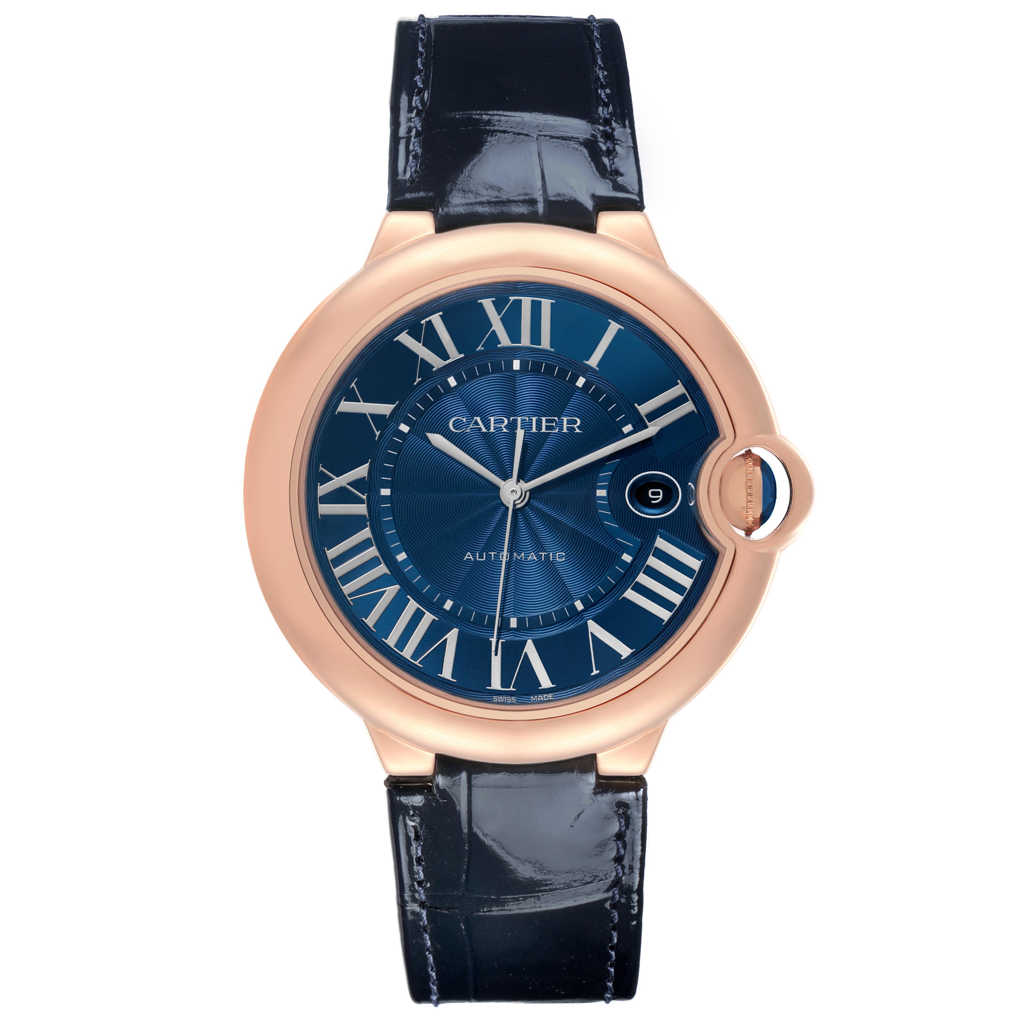 The Cartier Ballon Bleu WGBB0036 Men's Rose Gold Blue Dial watch is shown from the front, displaying its blue dial, Roman numerals, and leather strap.