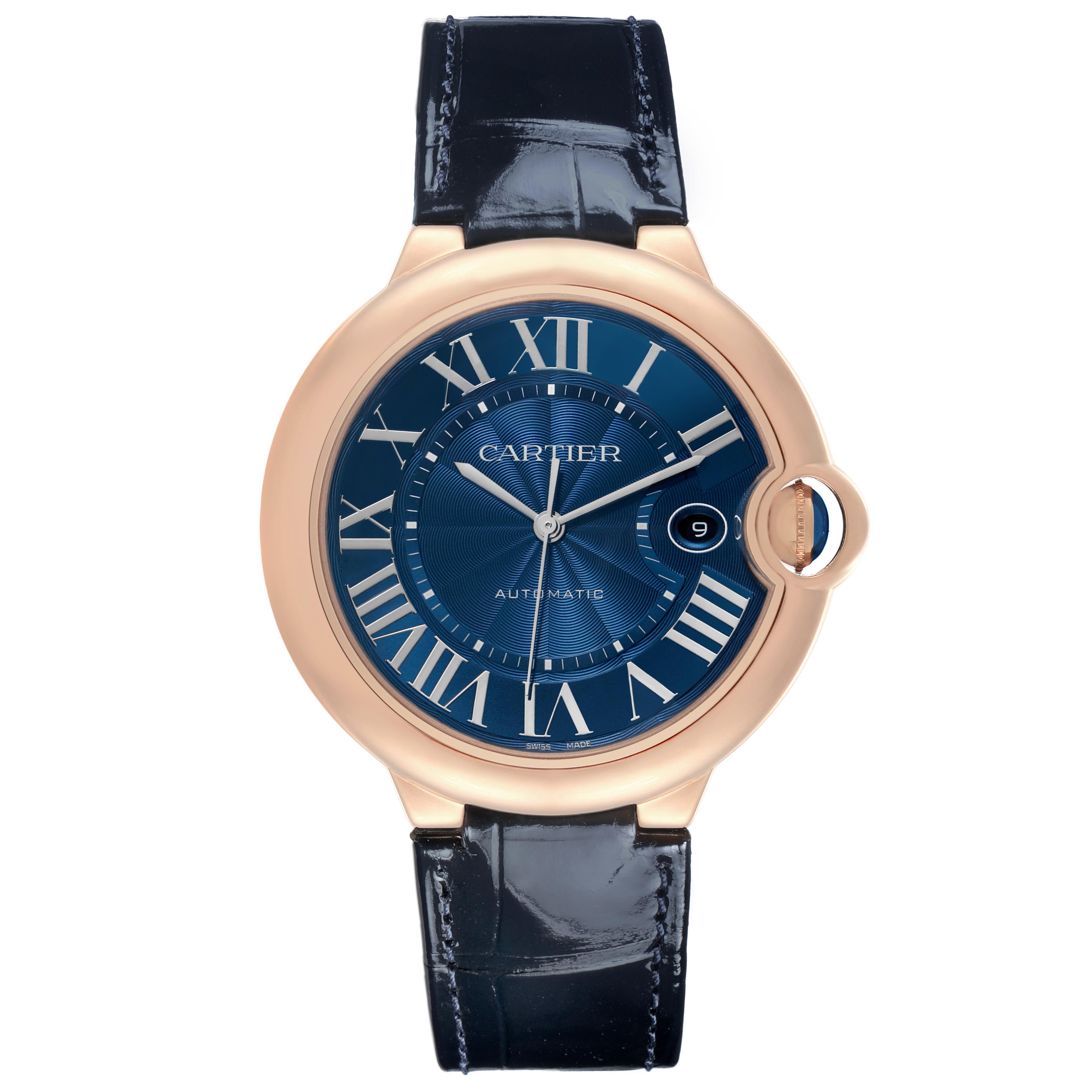The Ballon Bleu de Cartier watch is shown from a front angle, displaying the dial, case, and strap.