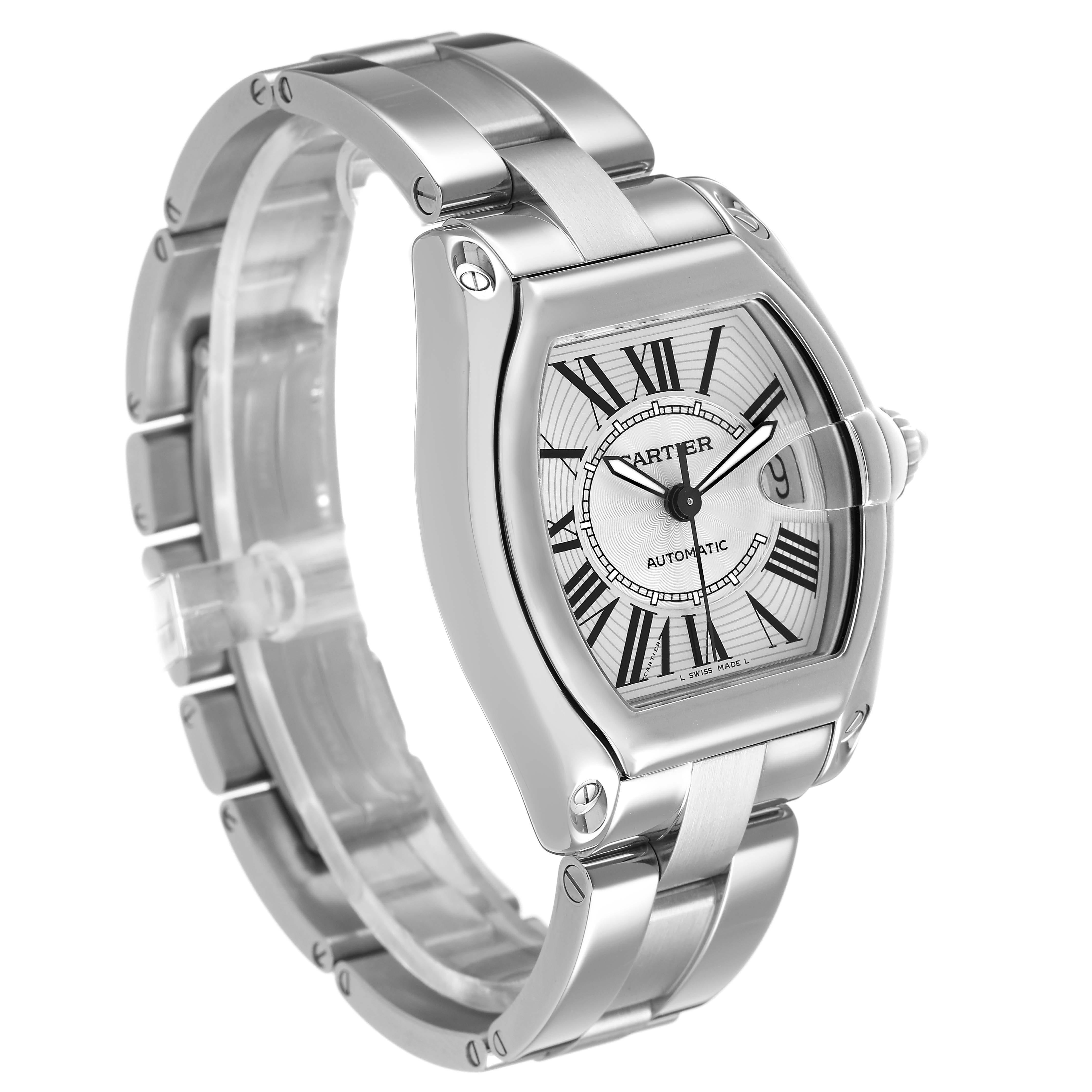 The Cartier Roadster W62025V3 Men's Stainless Steel Silver Dial watch is shown at a front three-quarter angle, highlighting its face, bracelet, and crown.