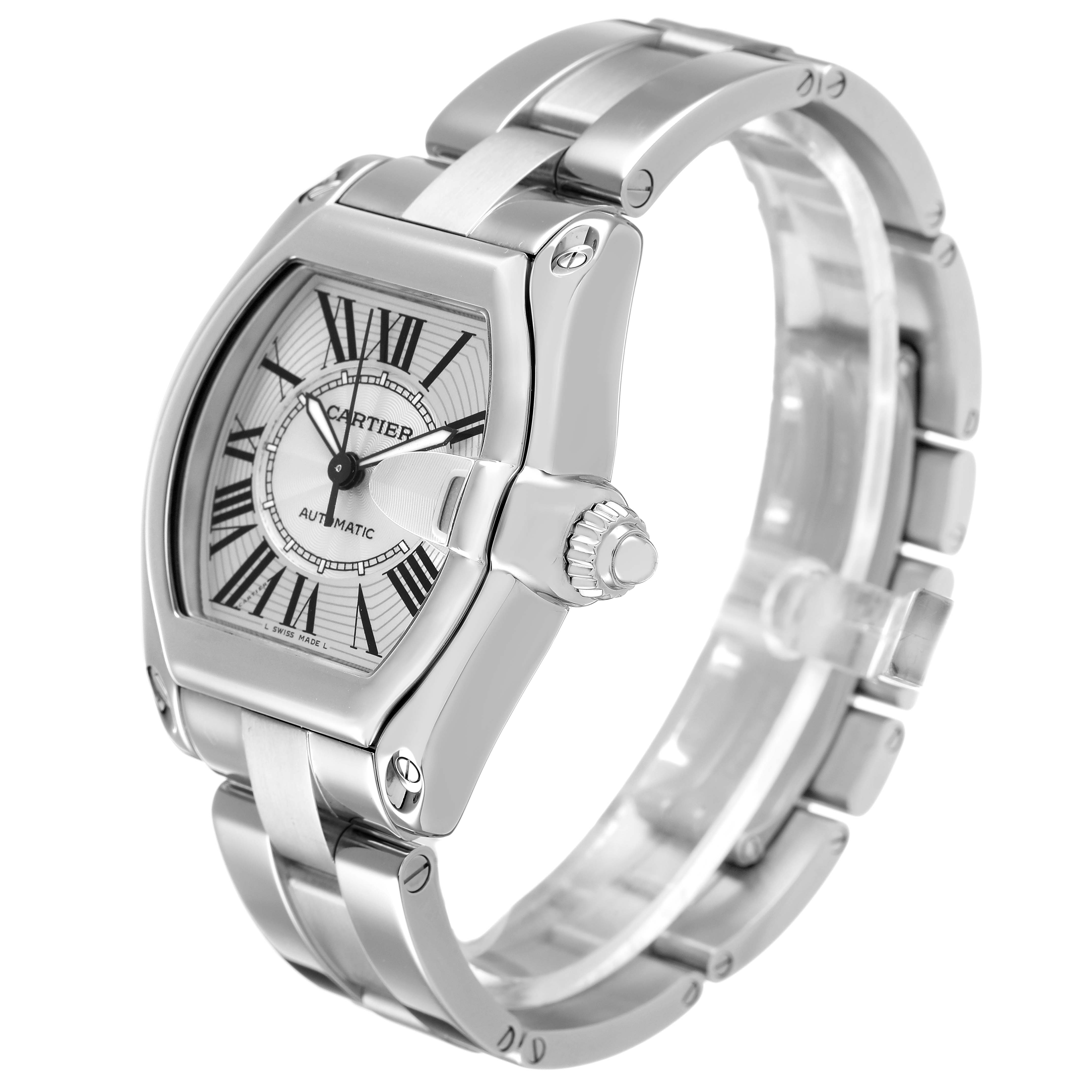 The Cartier Roadster W62025V3 Men's Stainless Steel Silver Dial watch is shown from a three-quarter angle, displaying its face, crown, and metal bracelet.