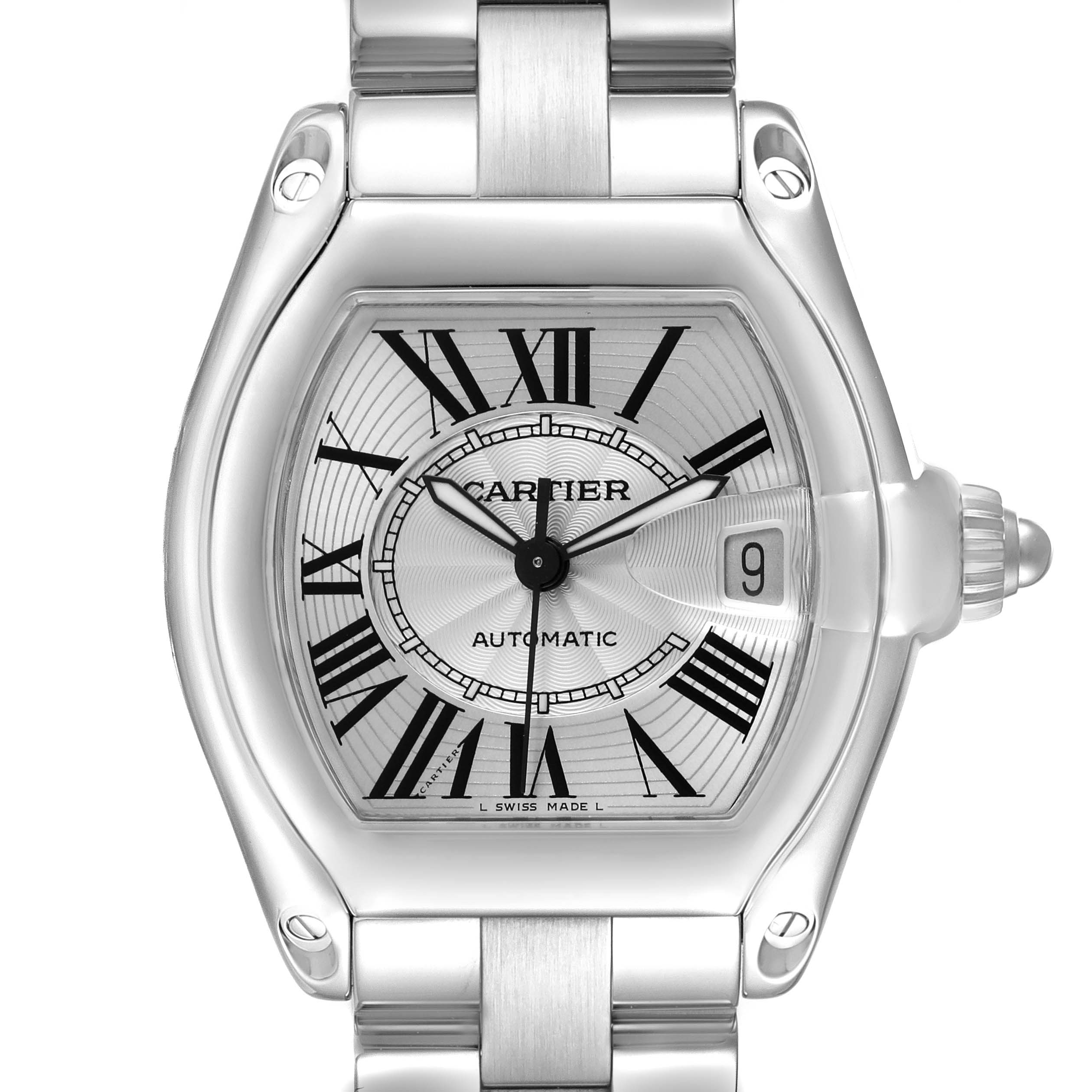 The Cartier Roadster W62025V3 Men's Stainless Steel Silver Dial watch is shown from a top-down angle, highlighting the face, Roman numerals, date window, and metal bracelet.