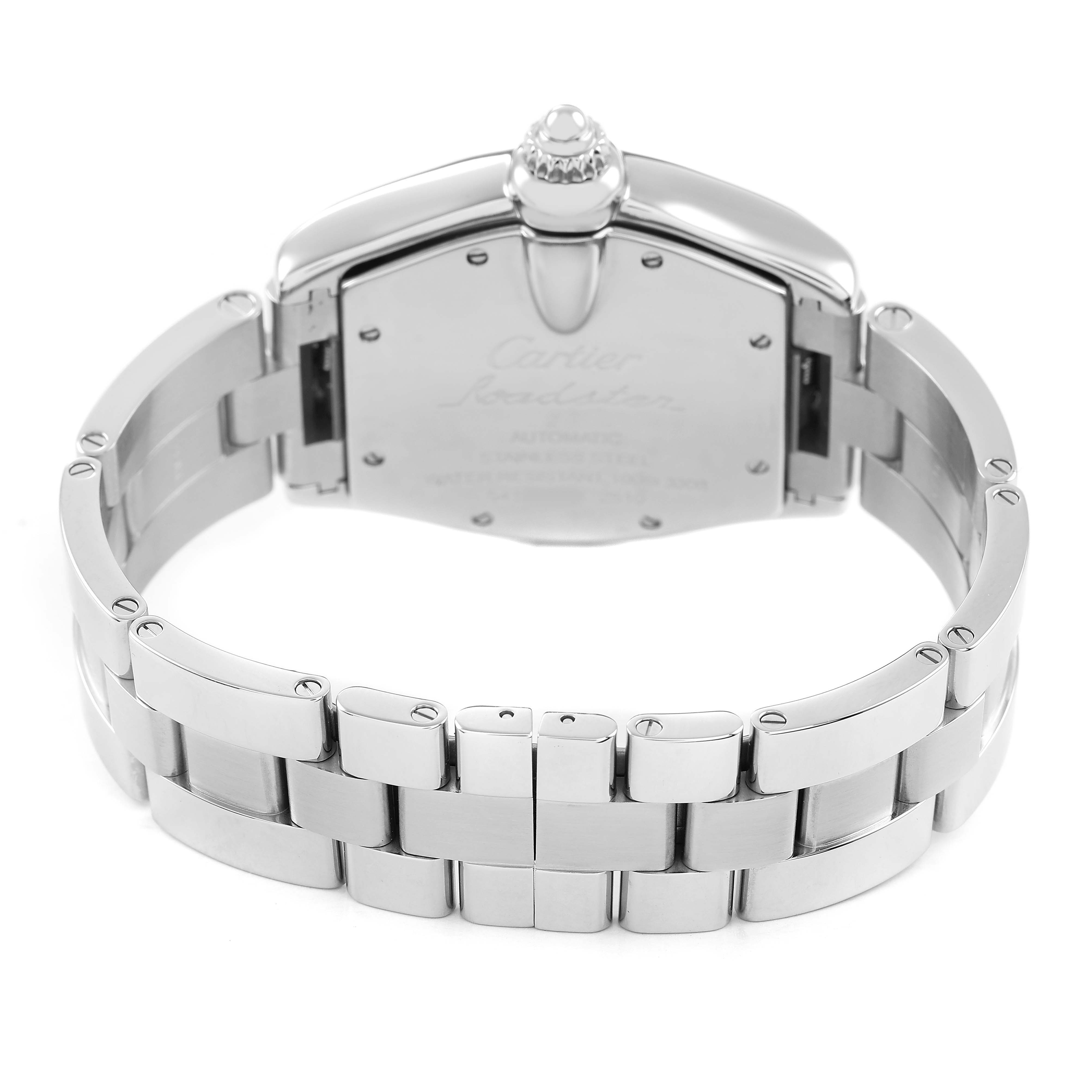 The Cartier Roadster W62025V3 Men's Stainless Steel Silver Dial watch is shown from the back, highlighting the clasp, case back, and polished links.