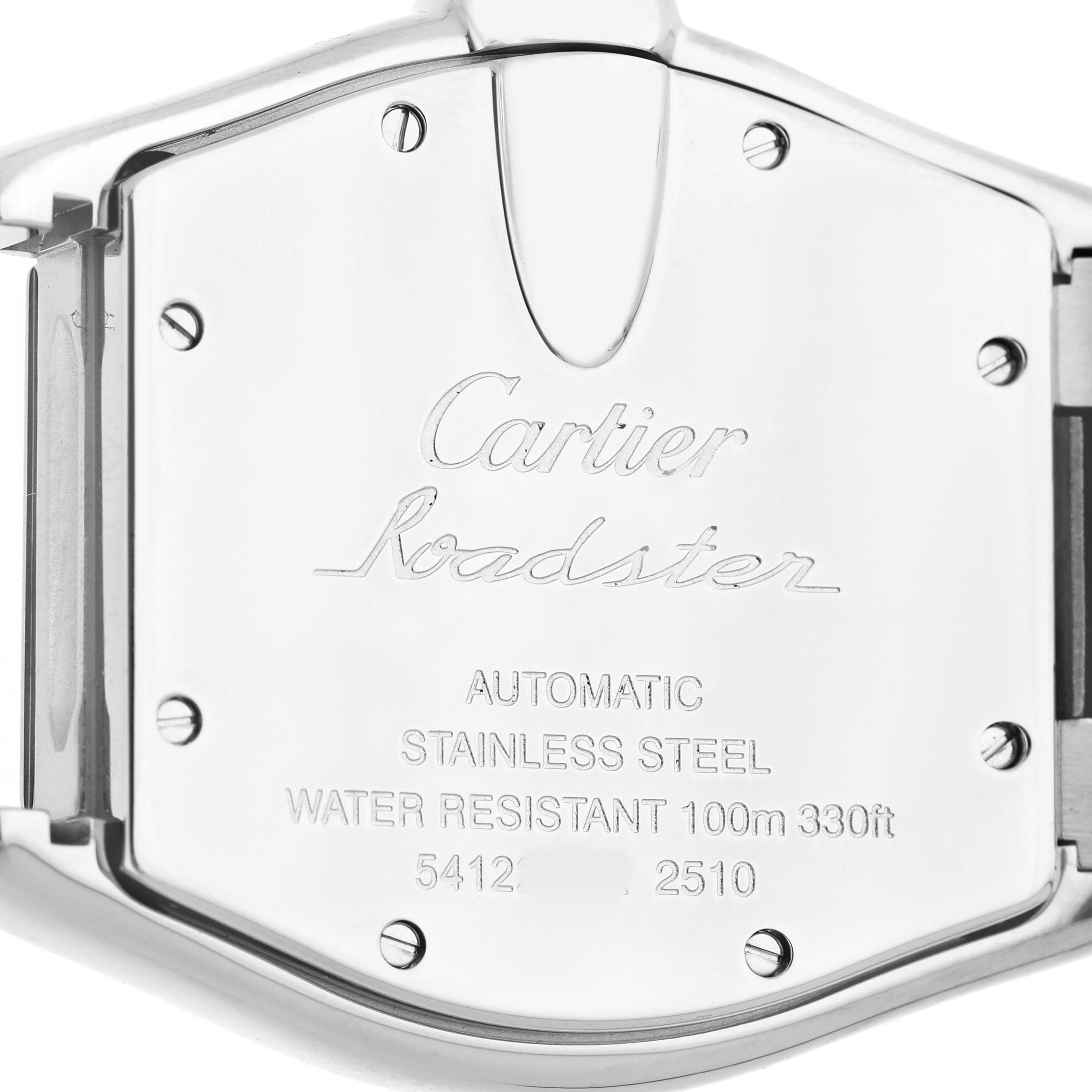 The image shows the case back of the Cartier Roadster W62025V3 Men's Stainless Steel Silver Dial, highlighting its engravings and stainless steel finish.