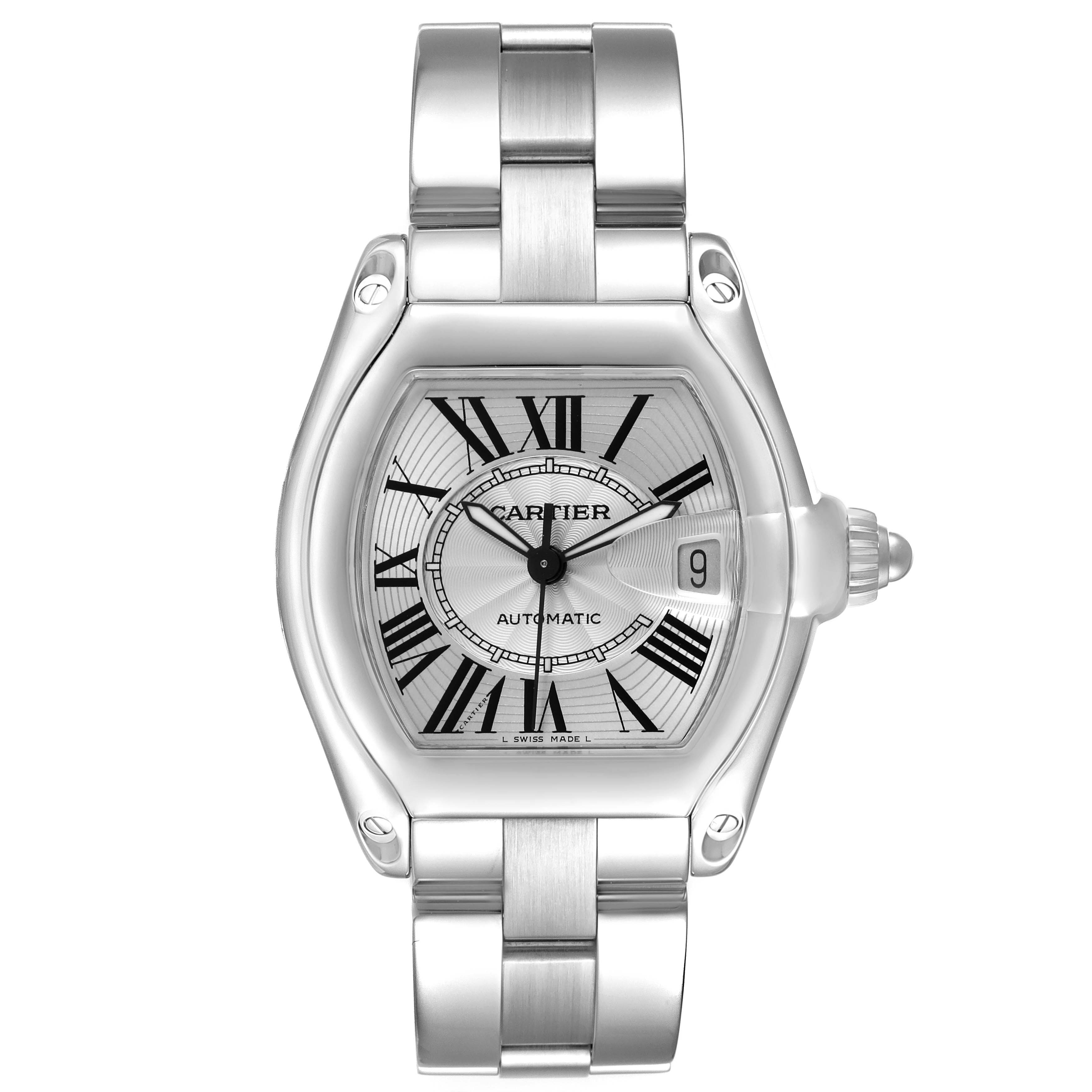 The Cartier Roadster W62025V3 Men's Stainless Steel Silver Dial watch is shown from the front, highlighting its dial, case, and part of the bracelet.