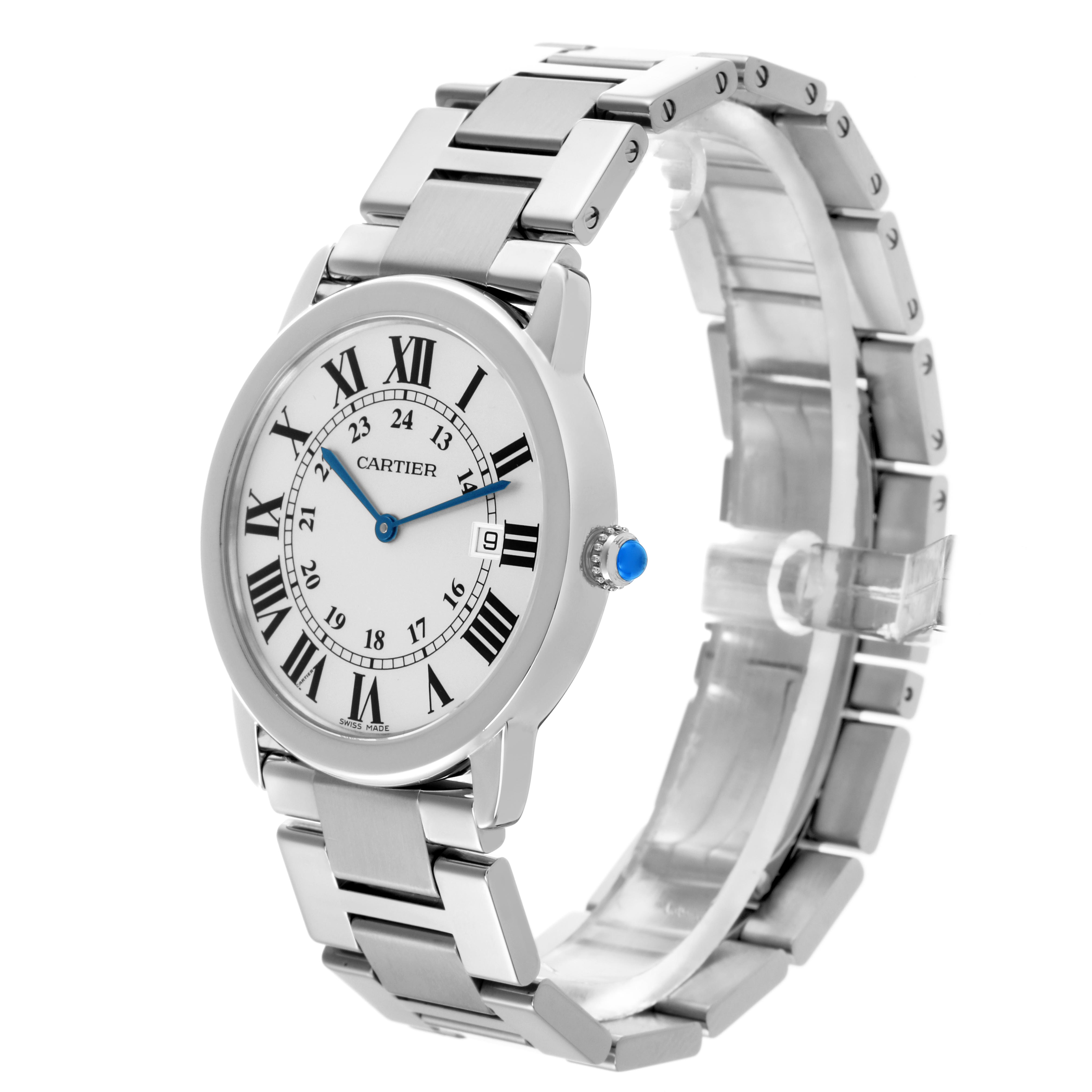 The Cartier Ronde W6701005 Men
s Stainless Steel Silver Dial W6701005 Men
s Stainless Steel Silver Dial watch is shown at a slight angle, highlighting the face, bracelet, Roman numerals, and blue hands.