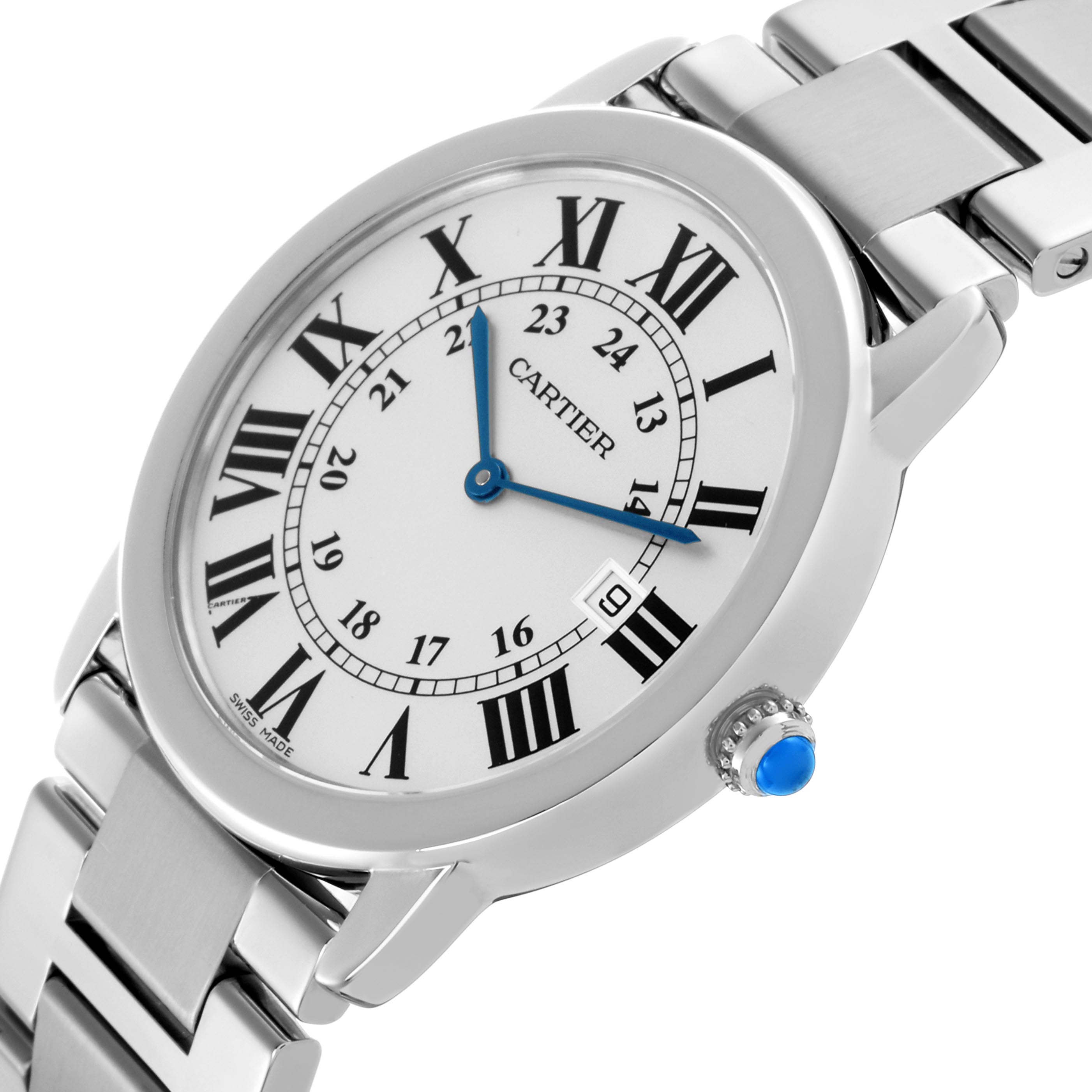 The Cartier Ronde W6701005 Men
s Stainless Steel Silver Dial W6701005 Men
s Stainless Steel Silver Dial watch is shown at an angled close-up, highlighting its face, Roman numerals, blue hands, and crown with a blue cabochon.