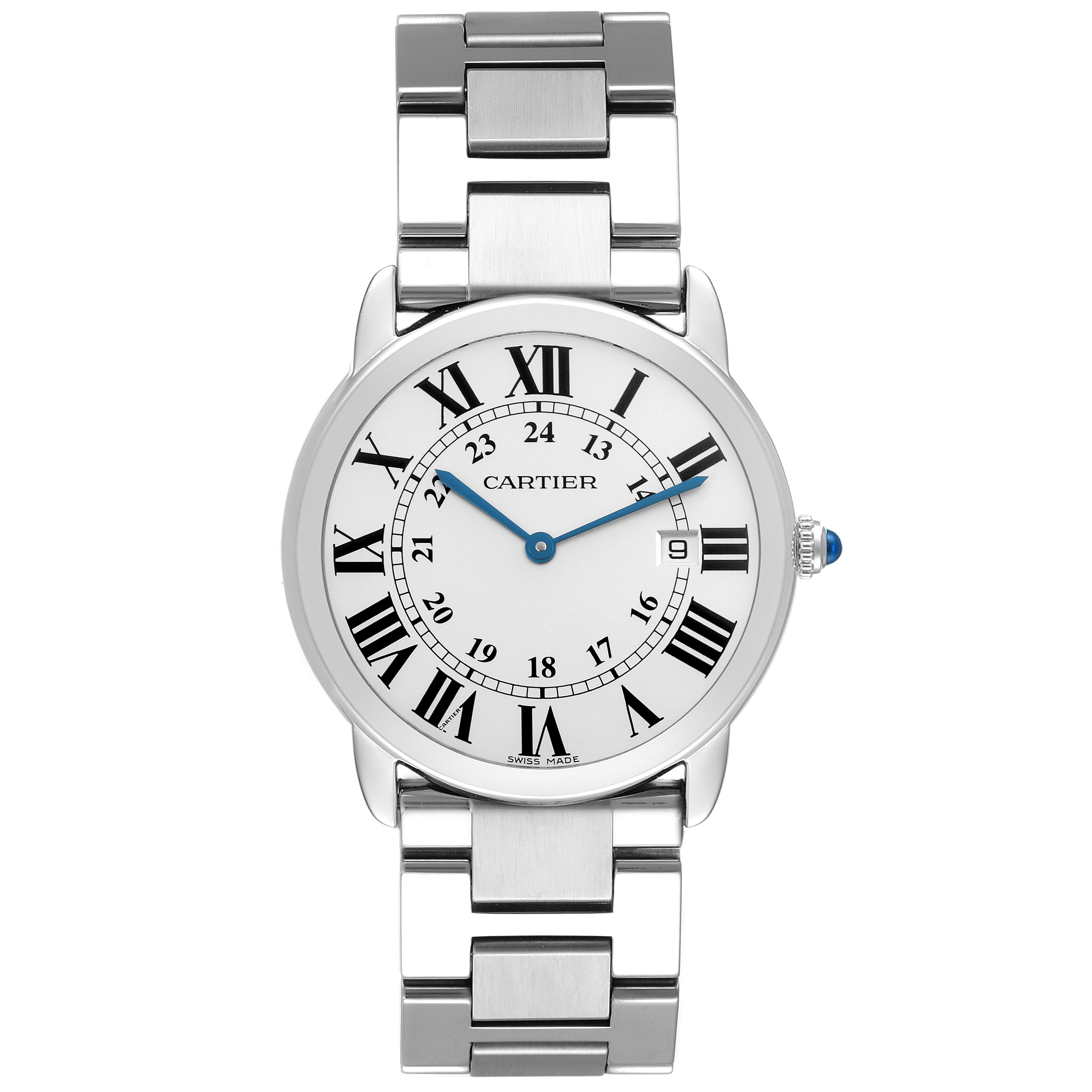 The Cartier Ronde W6701005 Men
s Stainless Steel Silver Dial W6701005 Men
s Stainless Steel Silver Dial watch is shown from the front, displaying the dial, hands, bracelet, and crown.