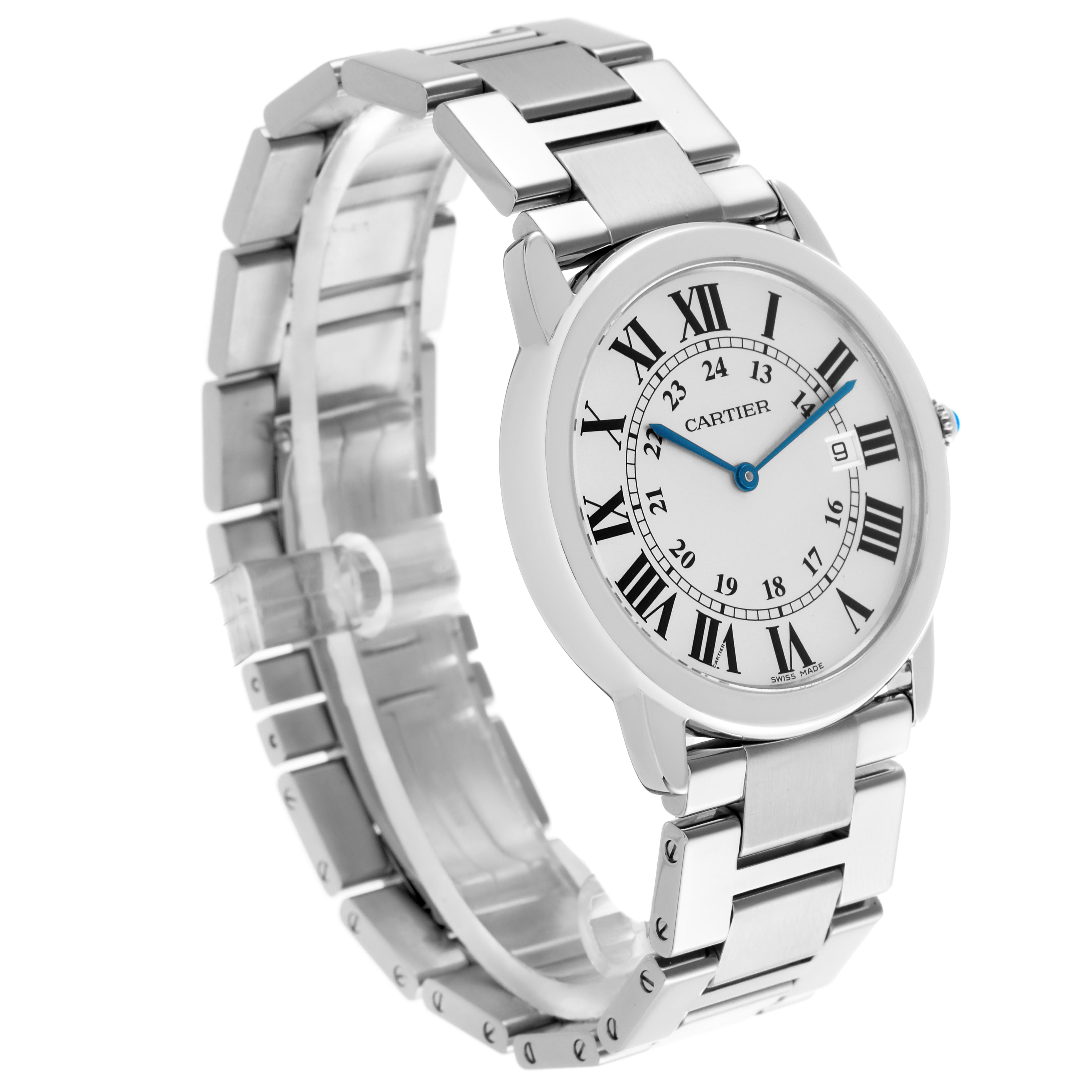 The Cartier Ronde W6701005 Men
s Stainless Steel Silver Dial W6701005 Men
s Stainless Steel Silver Dial watch is shown from a three-quarter angle, highlighting the face, Roman numerals, and metal bracelet.