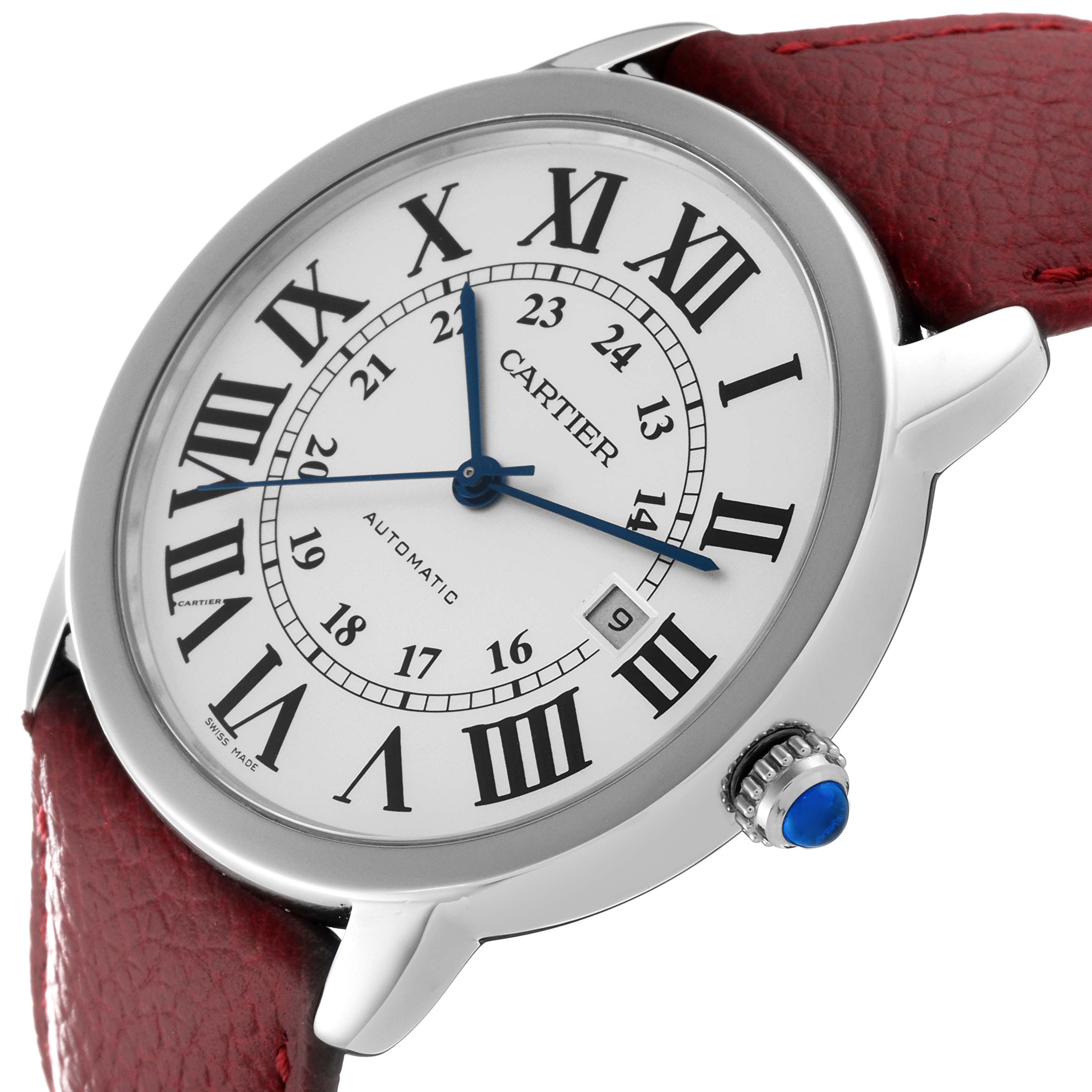 The image shows a Cartier Ronde W6701010 Men
s Stainless Steel Silver Dial W6701010 Men
s Stainless Steel Silver Dial model watch from a slight side angle, highlighting the dial, crown, and red leather strap.