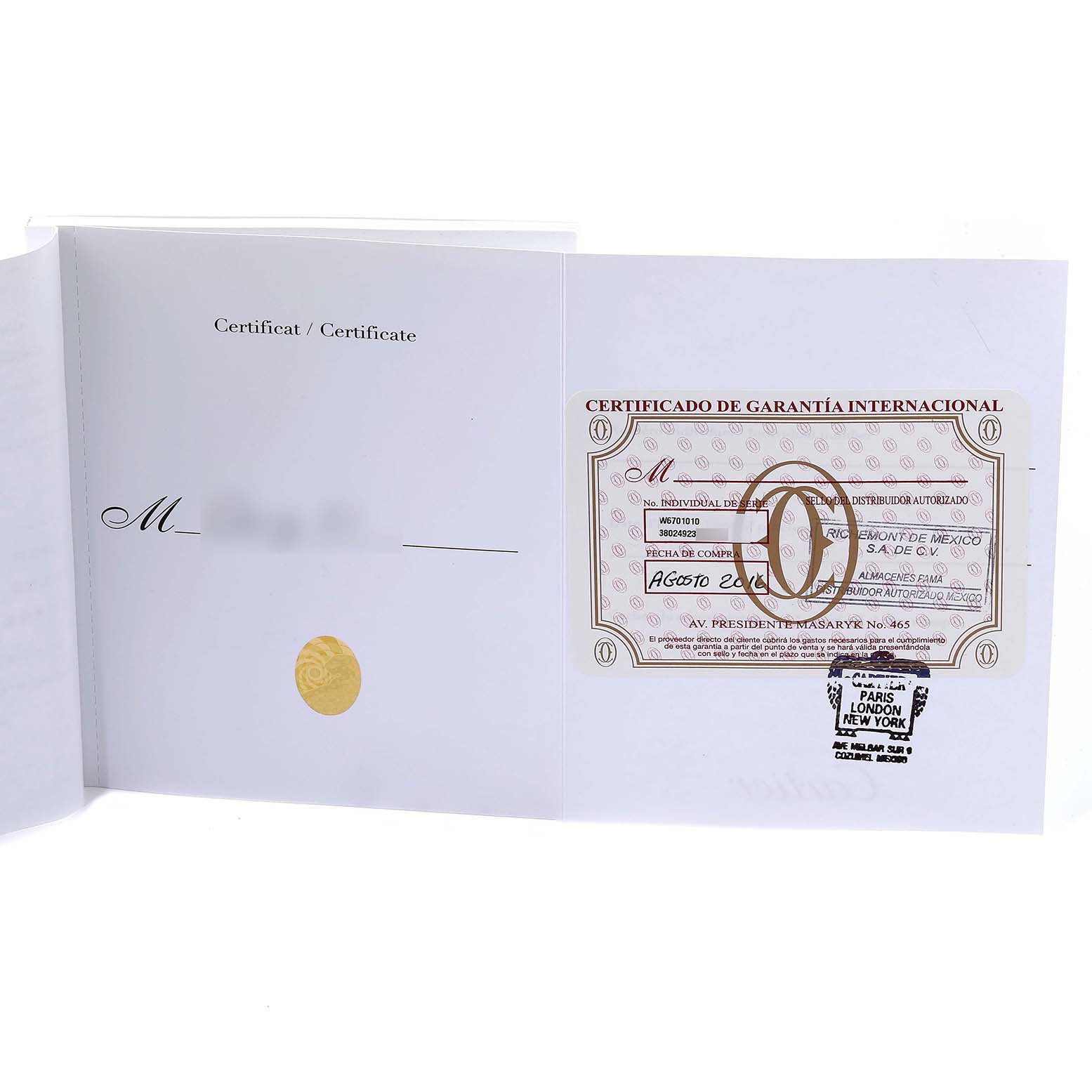 The image shows an open warranty certificate booklet for the Ronde model by Cartier.