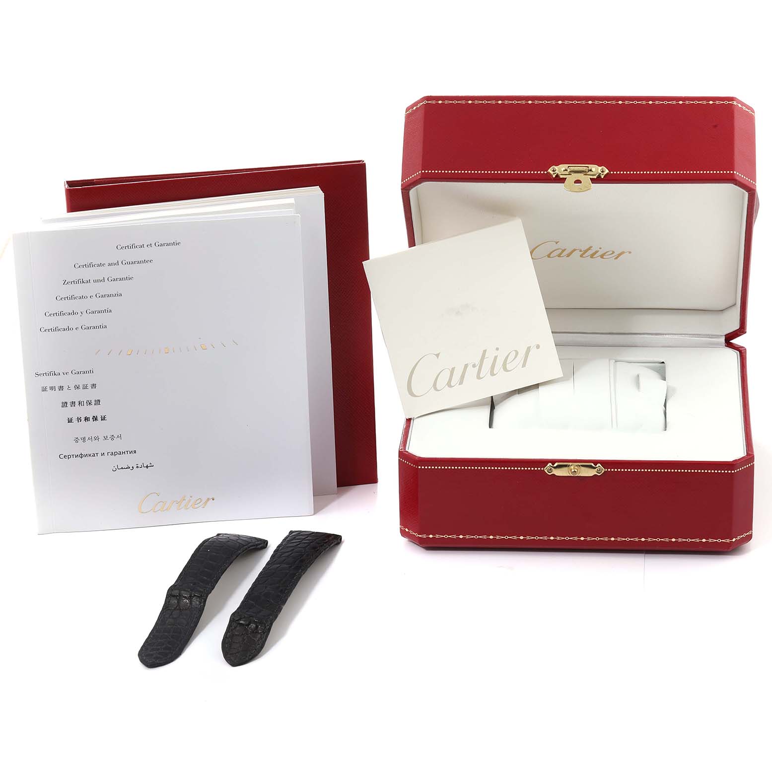 The image shows the packaging and accessories for a Cartier Ronde W6701010 Men
s Stainless Steel Silver Dial W6701010 Men
s Stainless Steel Silver Dial watch, including a red box, manuals, and two replacement straps.