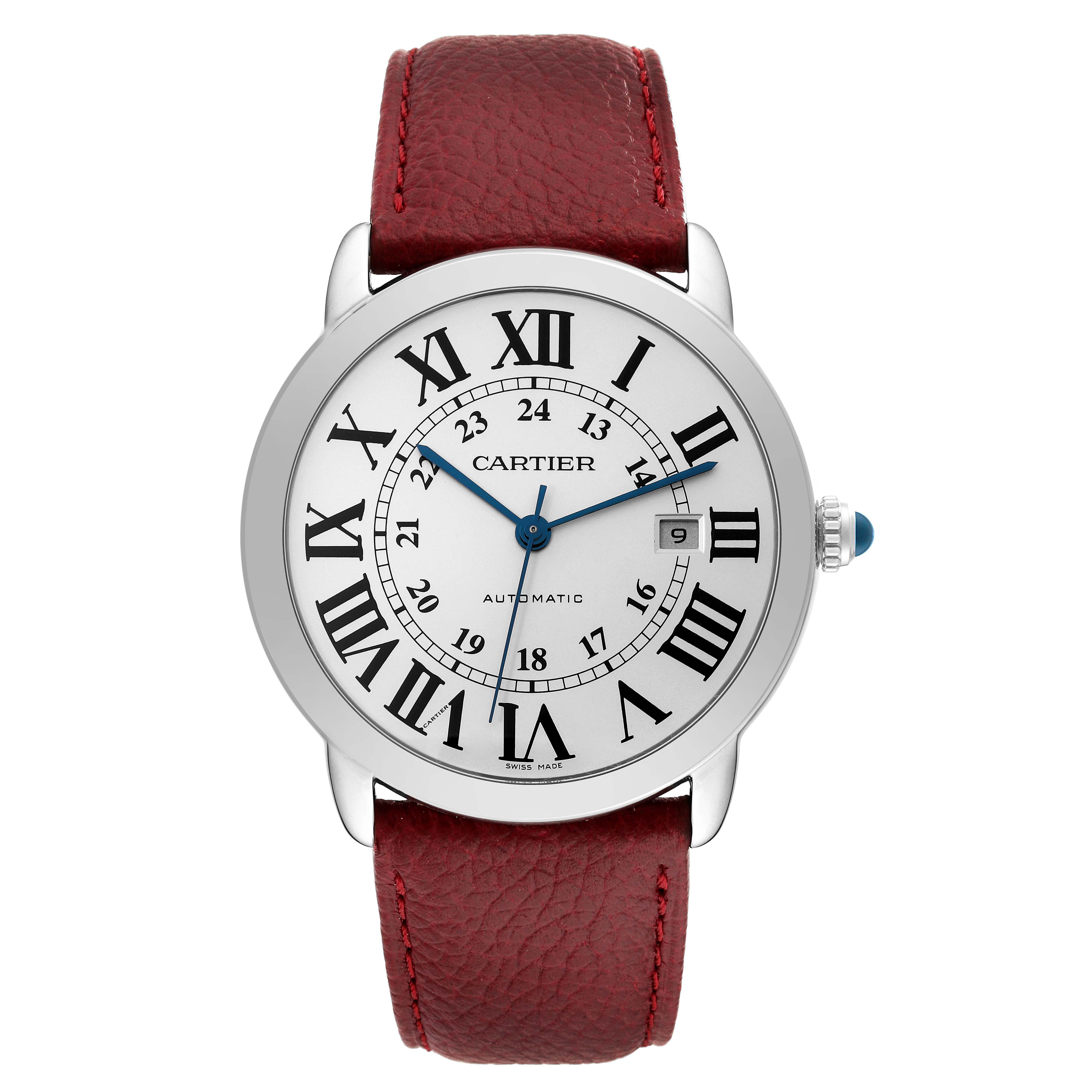 This image shows a front view of the Cartier Ronde W6701010 Men
s Stainless Steel Silver Dial W6701010 Men
s Stainless Steel Silver Dial model watch with a red leather strap and Roman numeral markers.