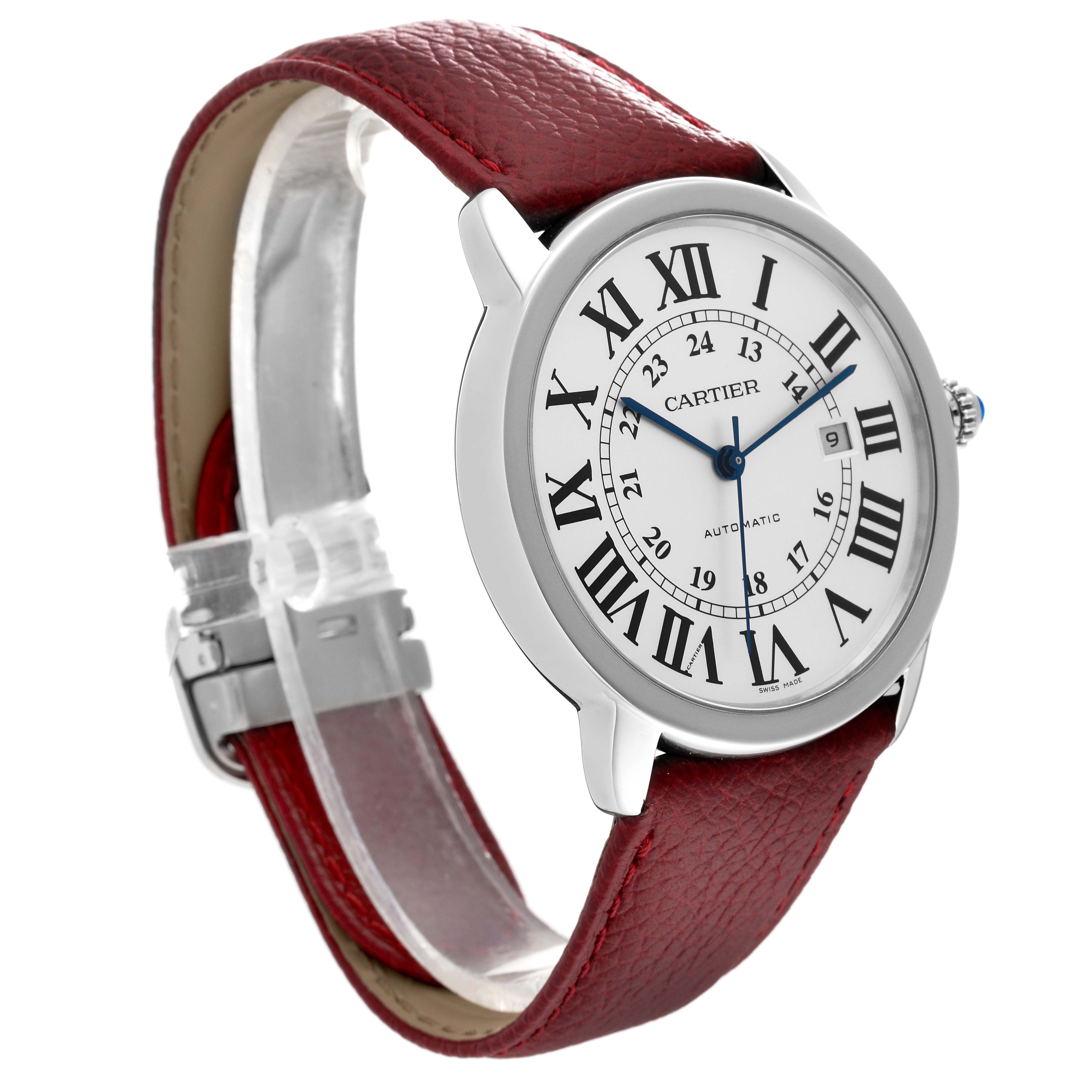 The image shows a Cartier Ronde W6701010 Men
s Stainless Steel Silver Dial W6701010 Men
s Stainless Steel Silver Dial model watch at a slight angle, highlighting its red leather strap and Roman numeral dial.