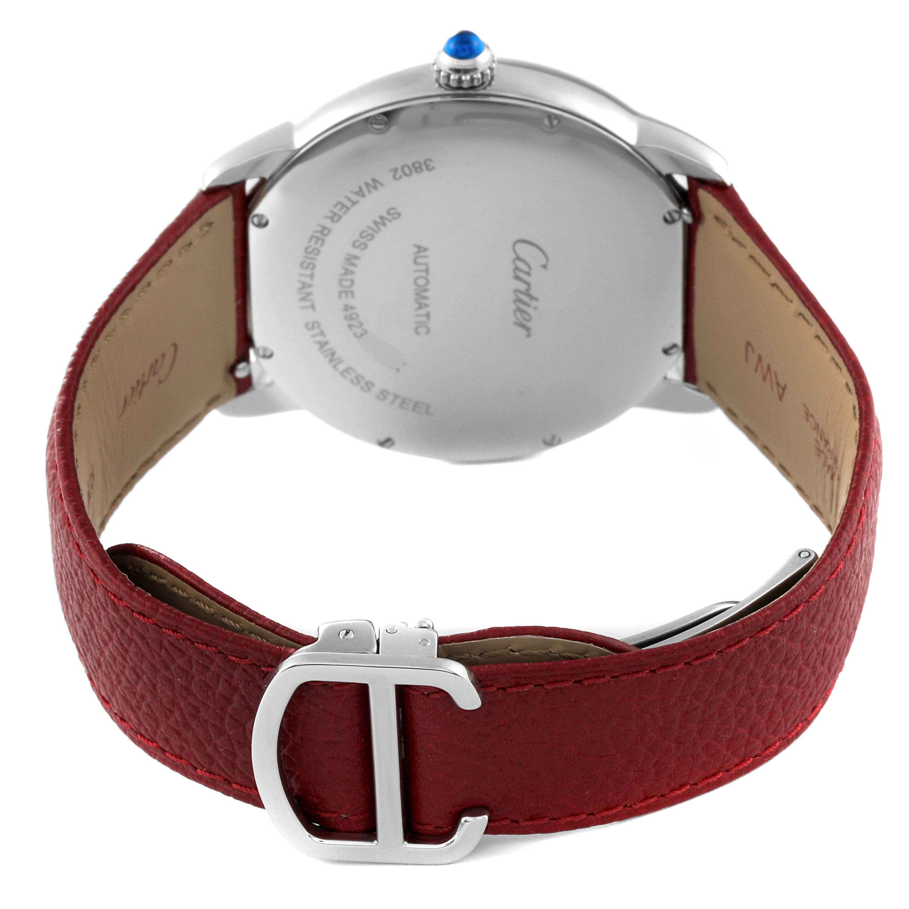This image shows the back view of the Cartier Ronde W6701010 Men
s Stainless Steel Silver Dial W6701010 Men
s Stainless Steel Silver Dial watch, featuring a red leather strap and a "C" shaped buckle.
