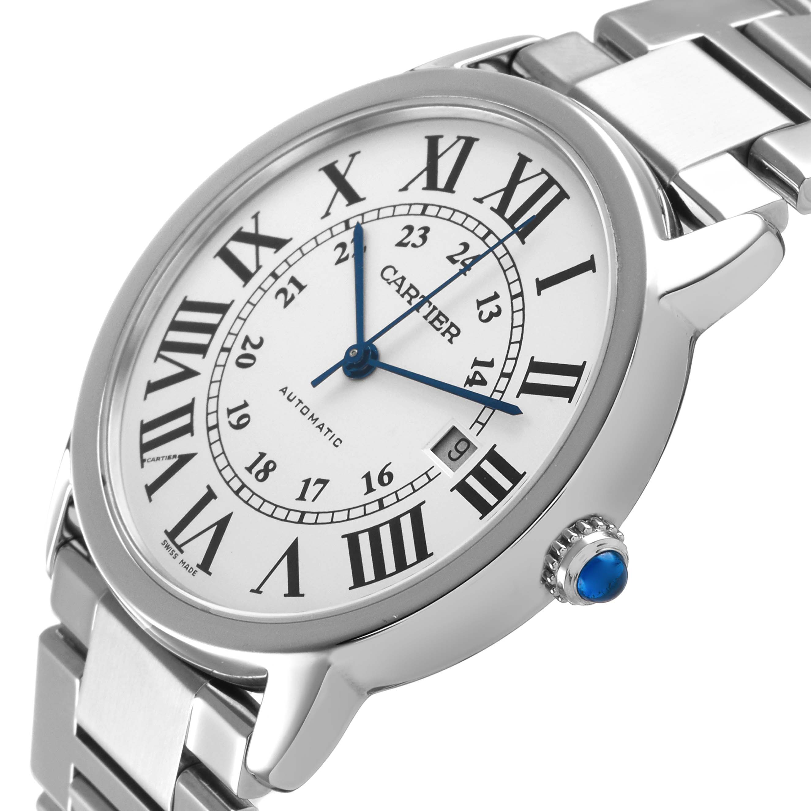 The Cartier Ronde W6701011 Men's Stainless Steel Silver Dial watch is shown at an angled side view, highlighting the face, crown, and part of the bracelet.