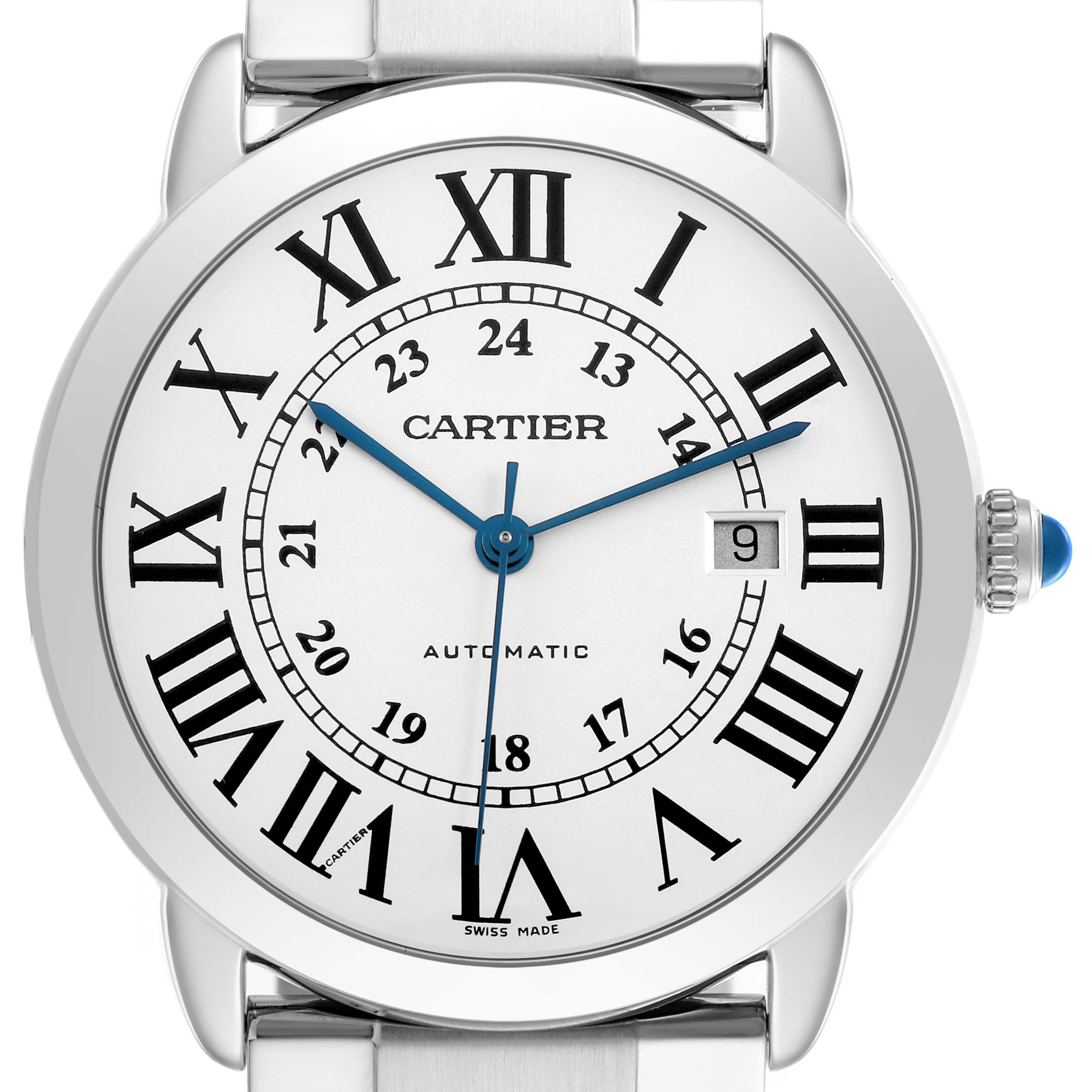 The Cartier Ronde W6701011 Men's Stainless Steel Silver Dial watch is shown from a front angle, highlighting the dial, Roman numerals, blue hands, and crown with a gemstone.