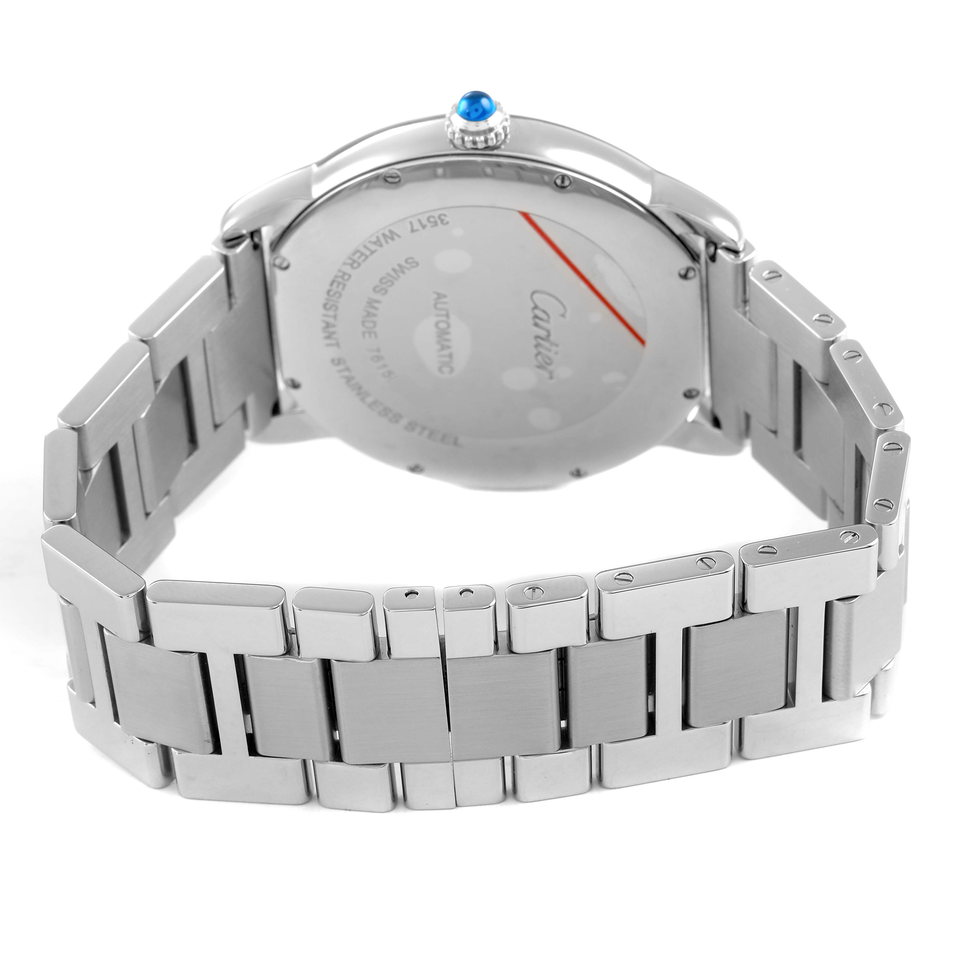 The Cartier Ronde W6701011 Men's Stainless Steel Silver Dial watch is shown from the back, highlighting the stainless steel bracelet and case back.