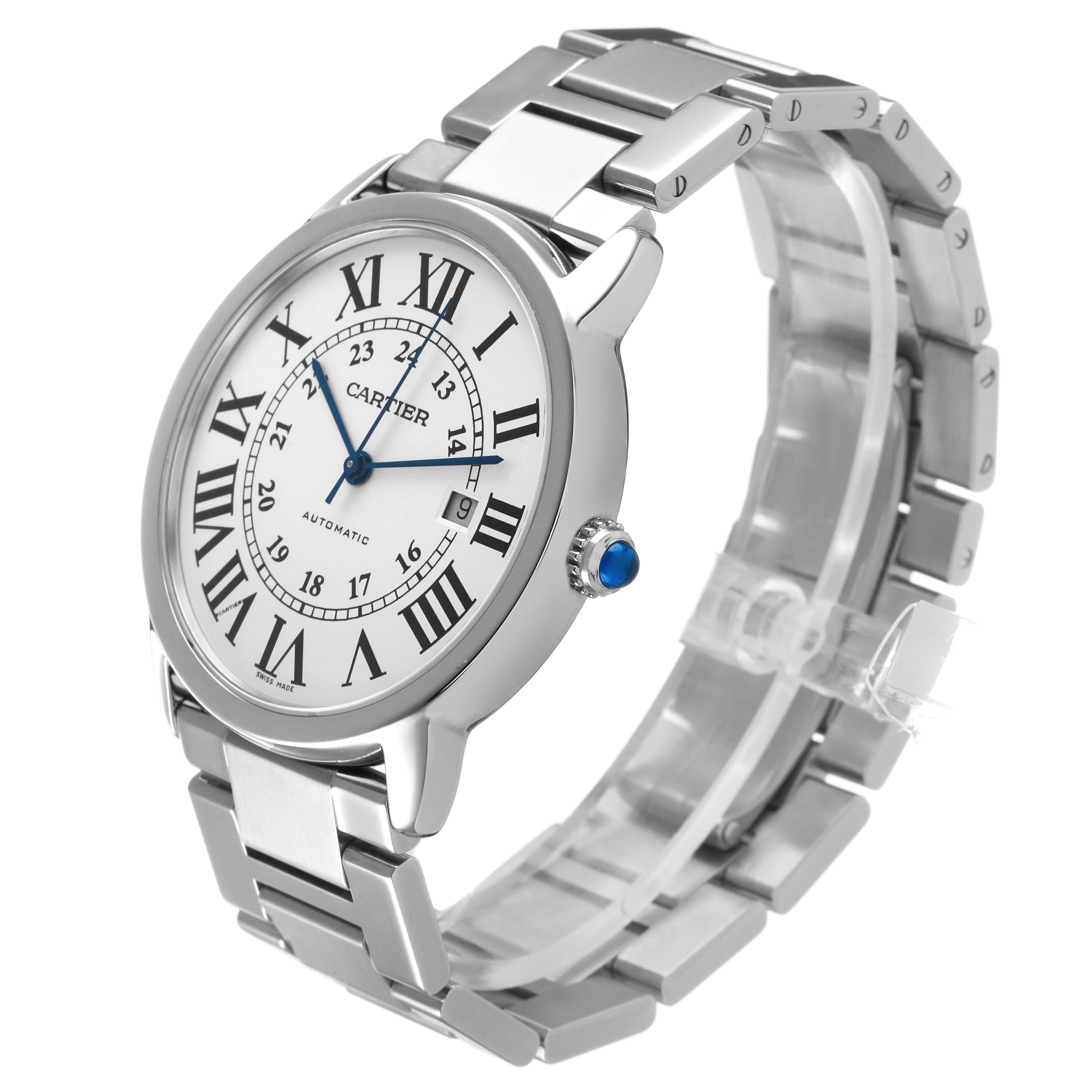 The Cartier Ronde W6701011 Men's Stainless Steel Silver Dial watch is shown at a three-quarter angle, highlighting its face, bracelet, and crown.