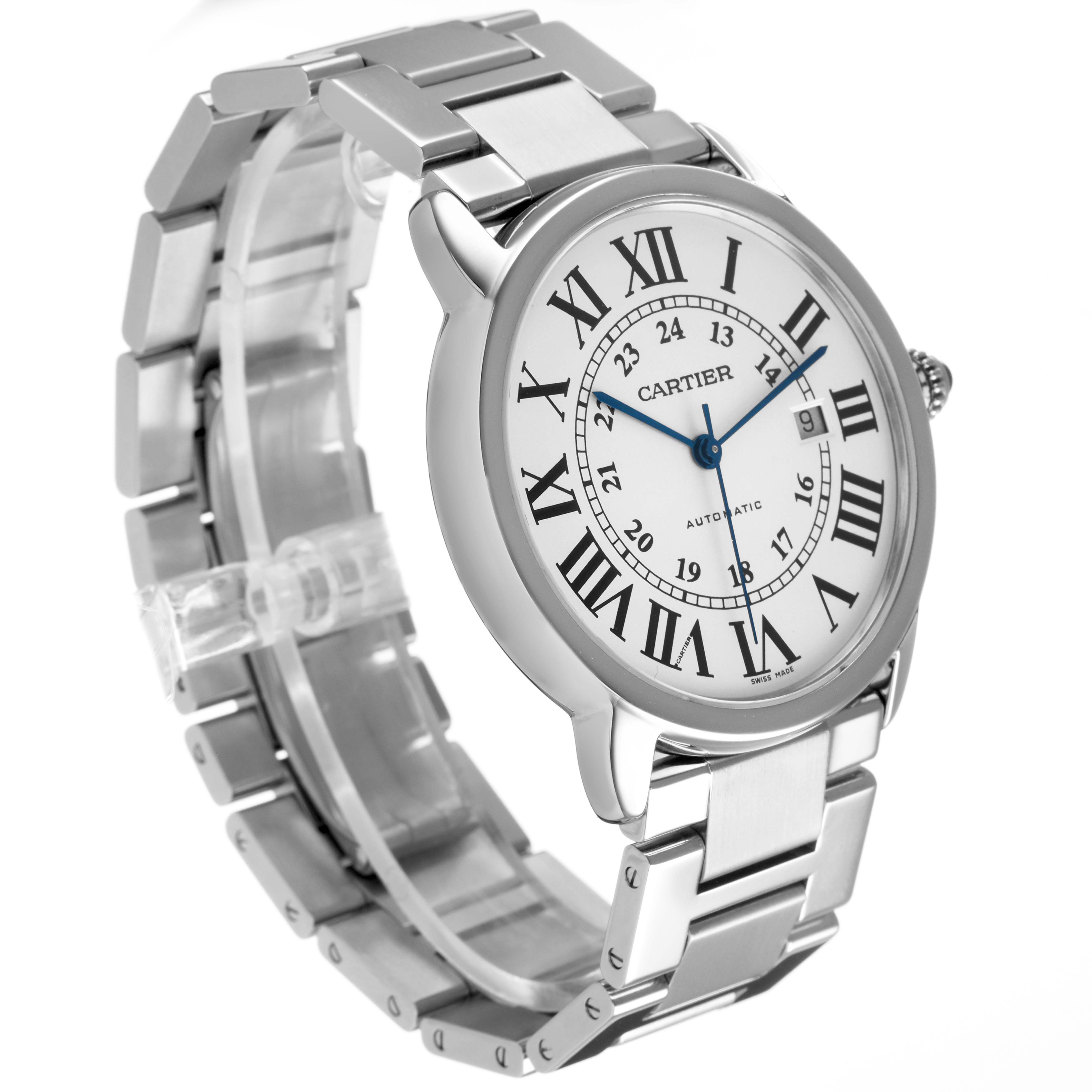 The Cartier Ronde W6701011 Men's Stainless Steel Silver Dial watch is shown at a three-quarter angle, highlighting the face, dial, and bracelet.