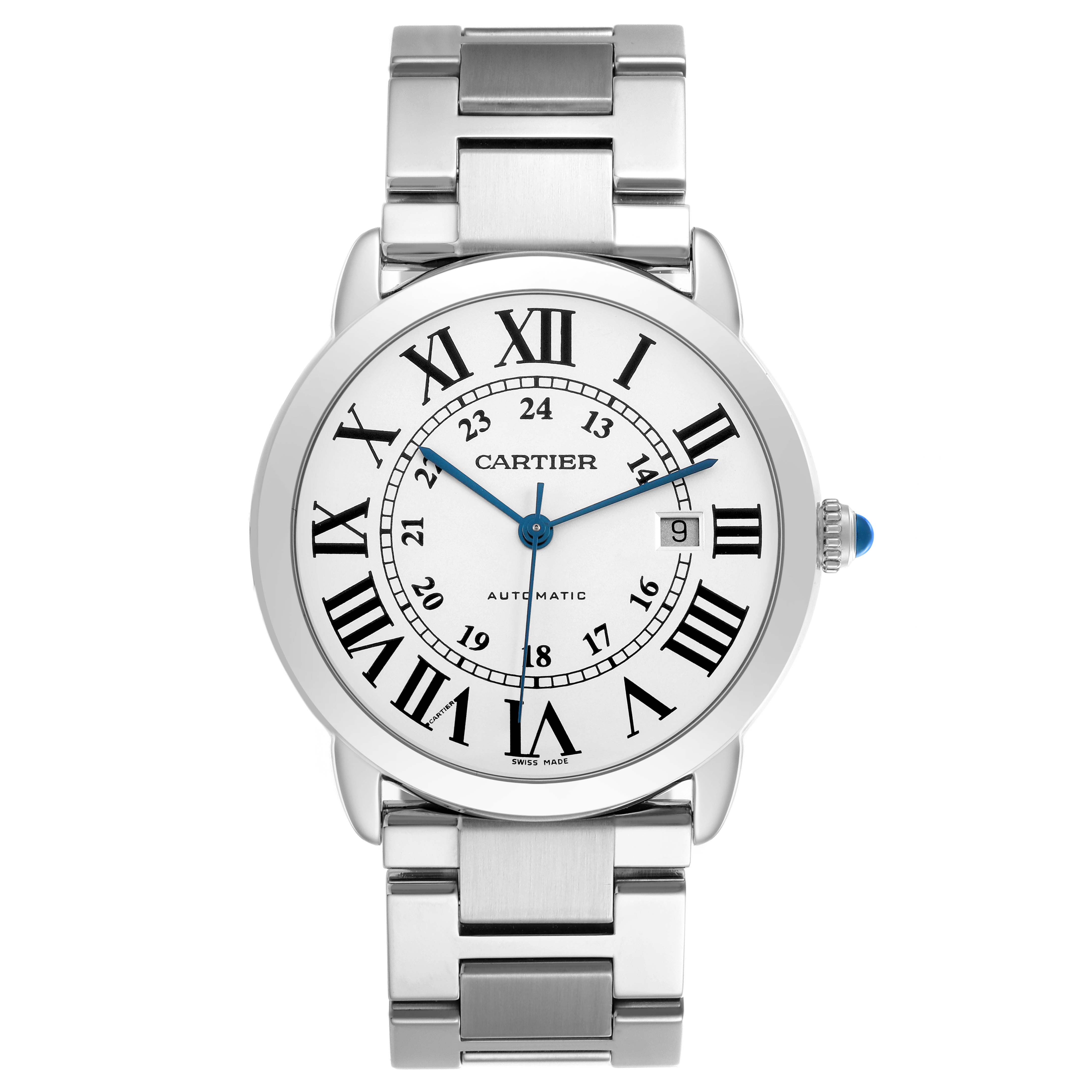 The Cartier Ronde W6701011 Men's Stainless Steel Silver Dial watch is shown from a top-down view, highlighting the face, bracelet, and crown.