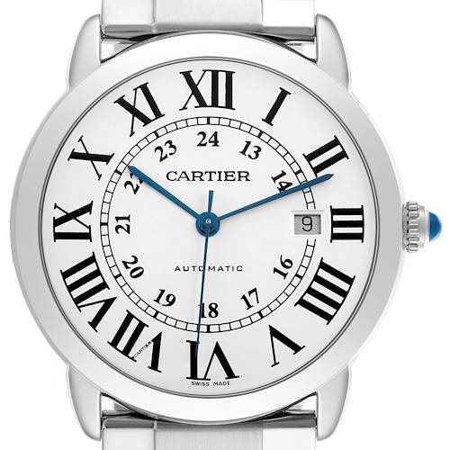 The Cartier Ronde W6701011 Men's Stainless Steel Silver Dial watch is shown from the front, displaying its face, Roman numerals, blue hands, and crown with a blue detail.