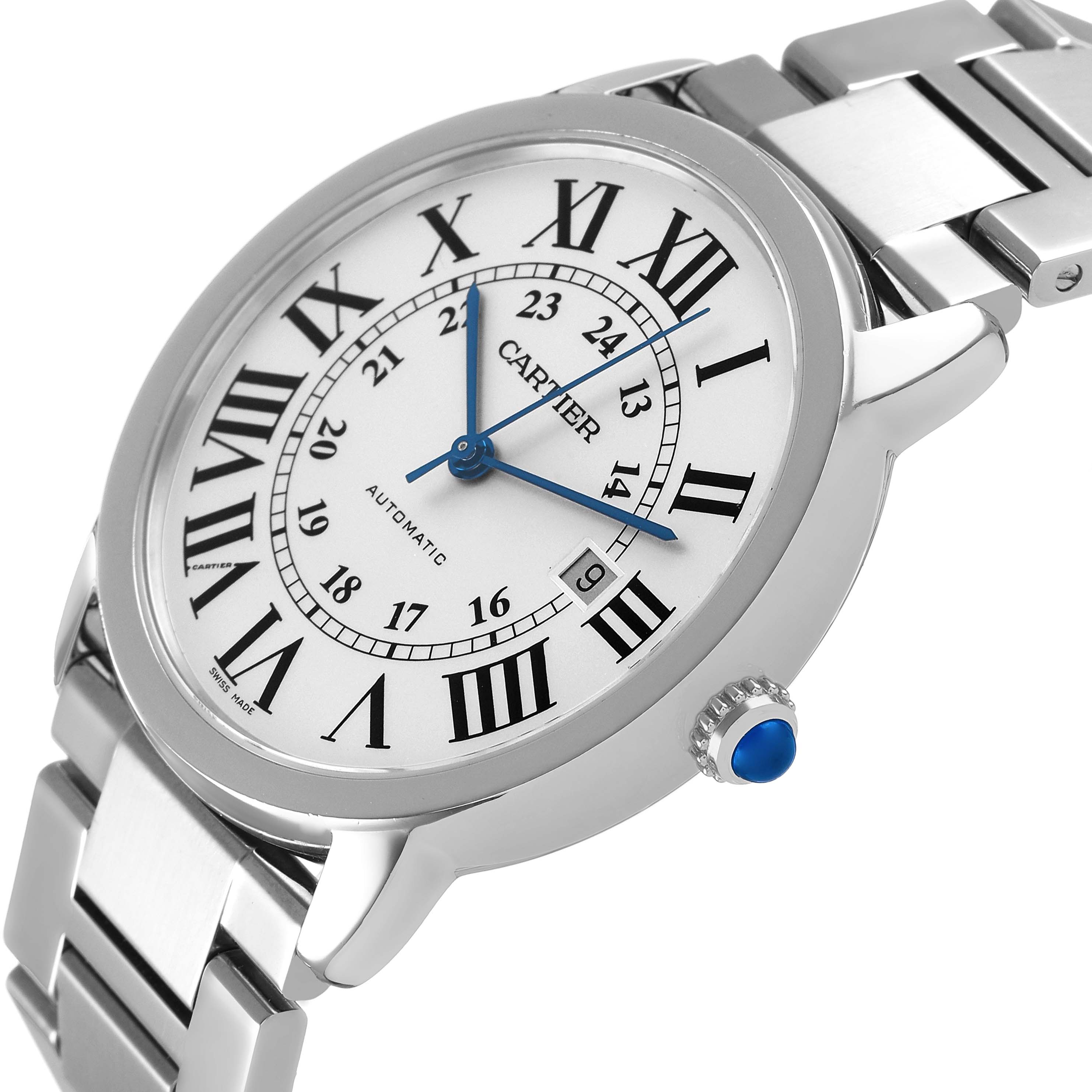 The Cartier Ronde W6701011 Men's Stainless Steel Silver Dial watch is shown at an angled view, highlighting the face, bezel, blue hands, and bracelet.