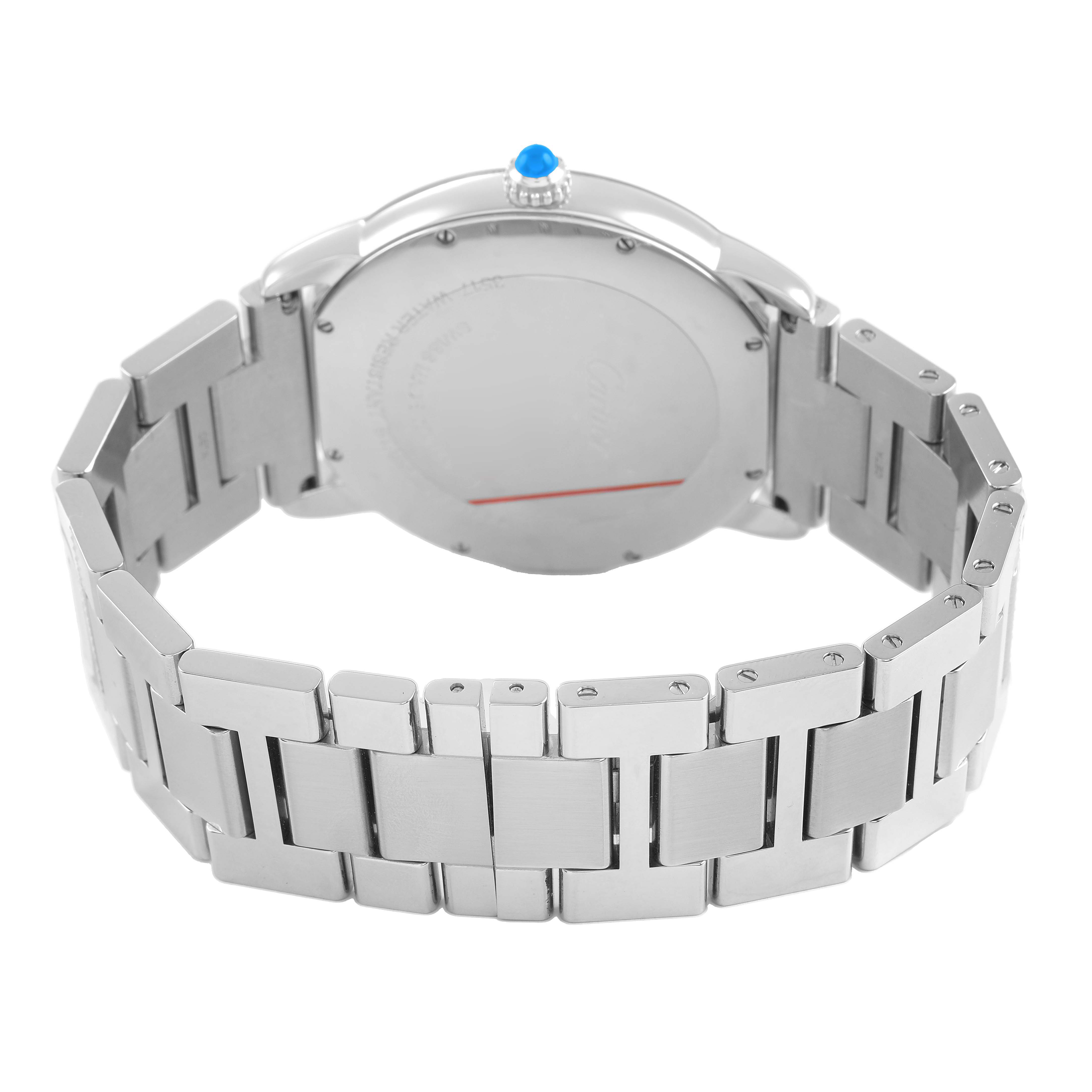 The image shows the back view of a Cartier Ronde W6701011 Men's Stainless Steel Silver Dial watch, highlighting the bracelet and case back.