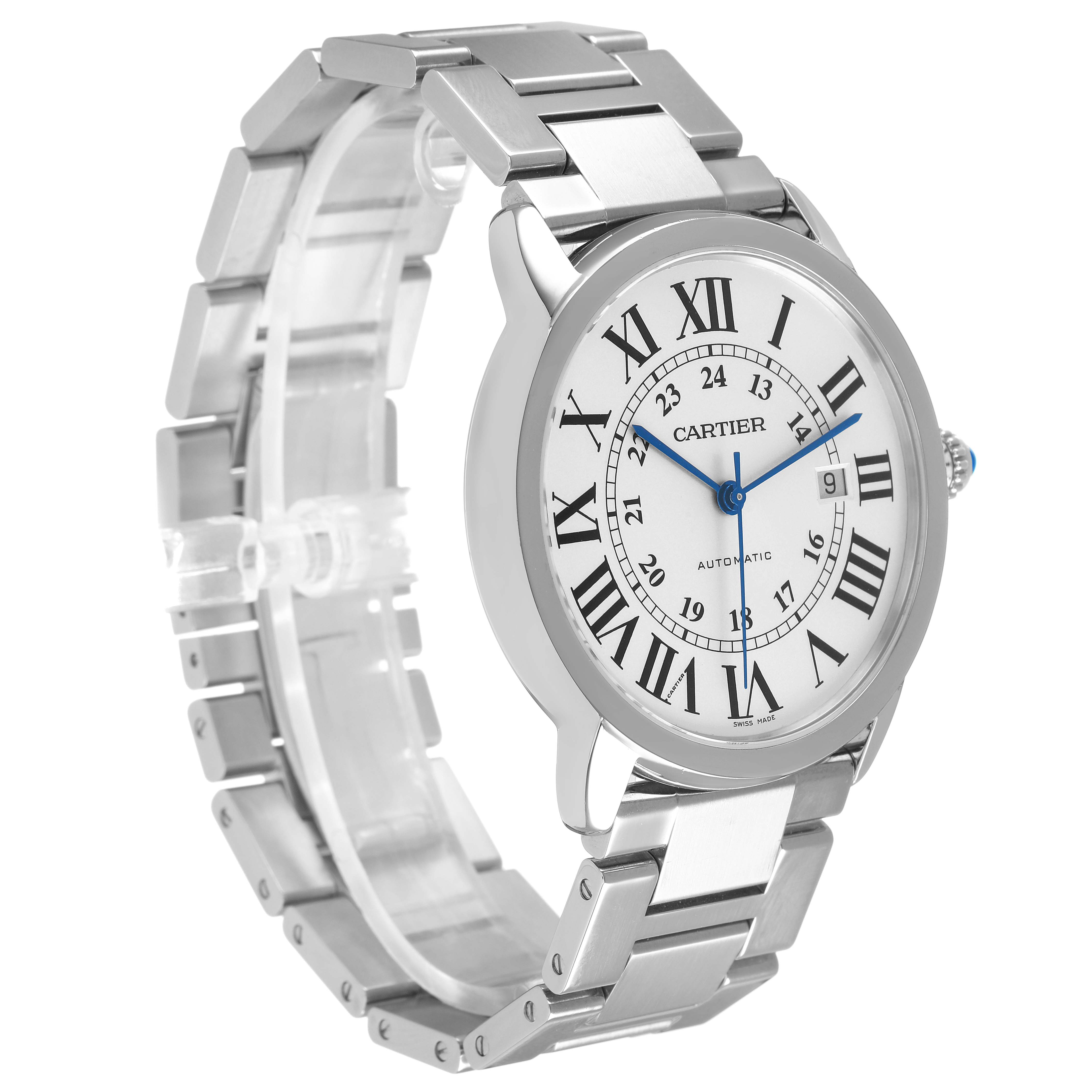 The Cartier Ronde W6701011 Men's Stainless Steel Silver Dial watch is shown at a three-quarter angle, displaying the face, bezel, crown, and part of the bracelet.