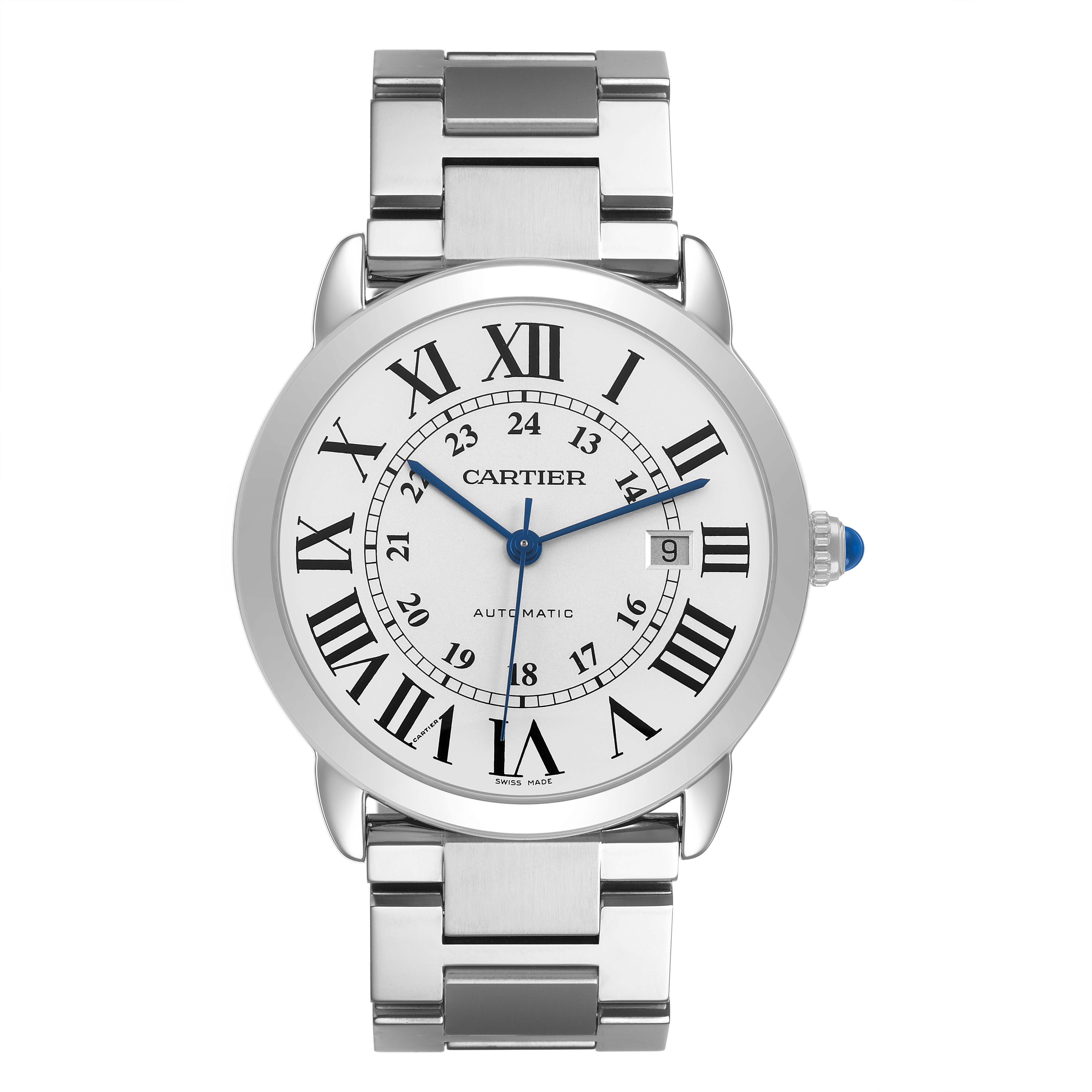 The Cartier Ronde W6701011 Men's Stainless Steel Silver Dial watch is shown from a front angle, displaying the face, bracelet, and crown.