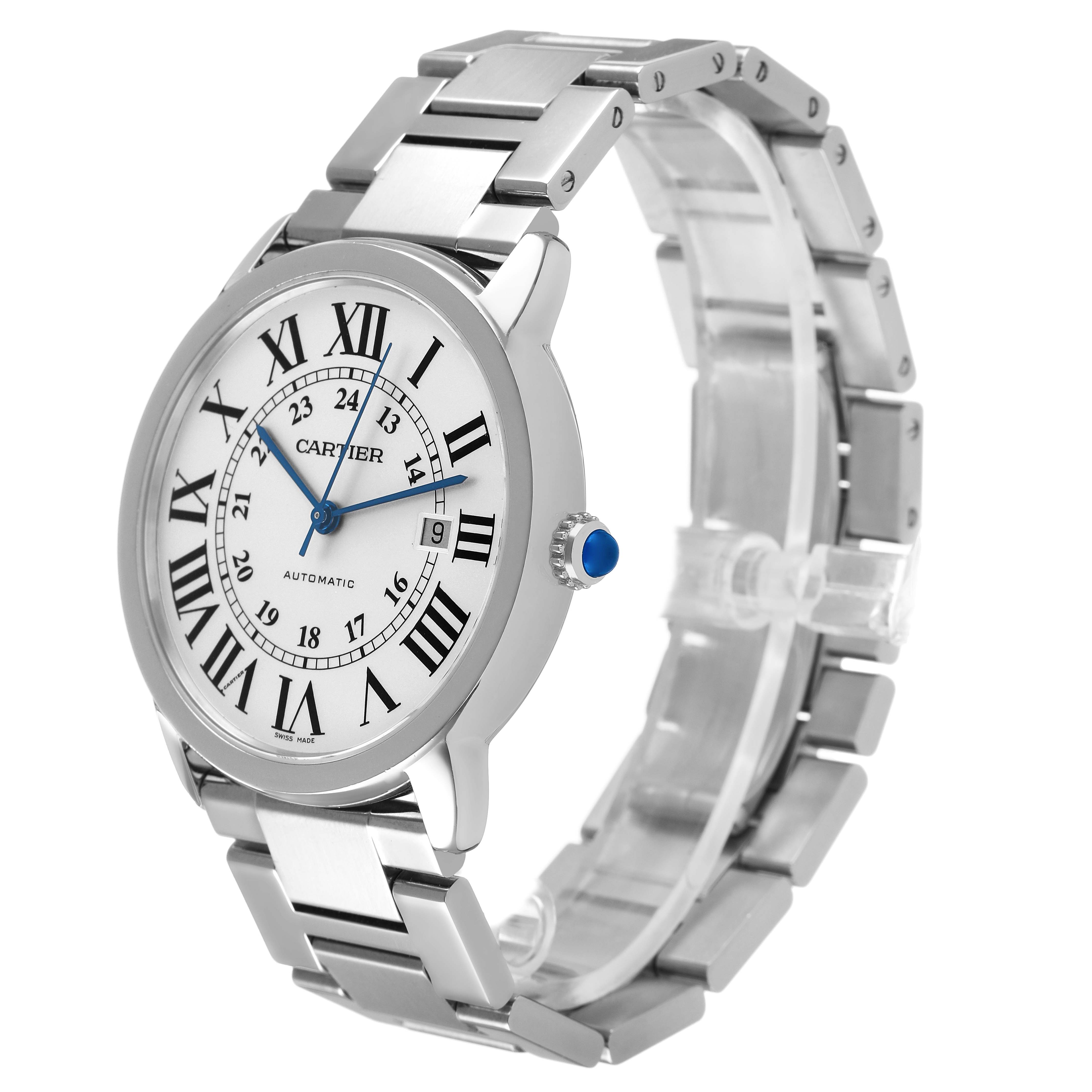 The Cartier Ronde W6701011 Men's Stainless Steel Silver Dial watch is shown at an angled side view, highlighting the face, bezel, bracelet, and crown.