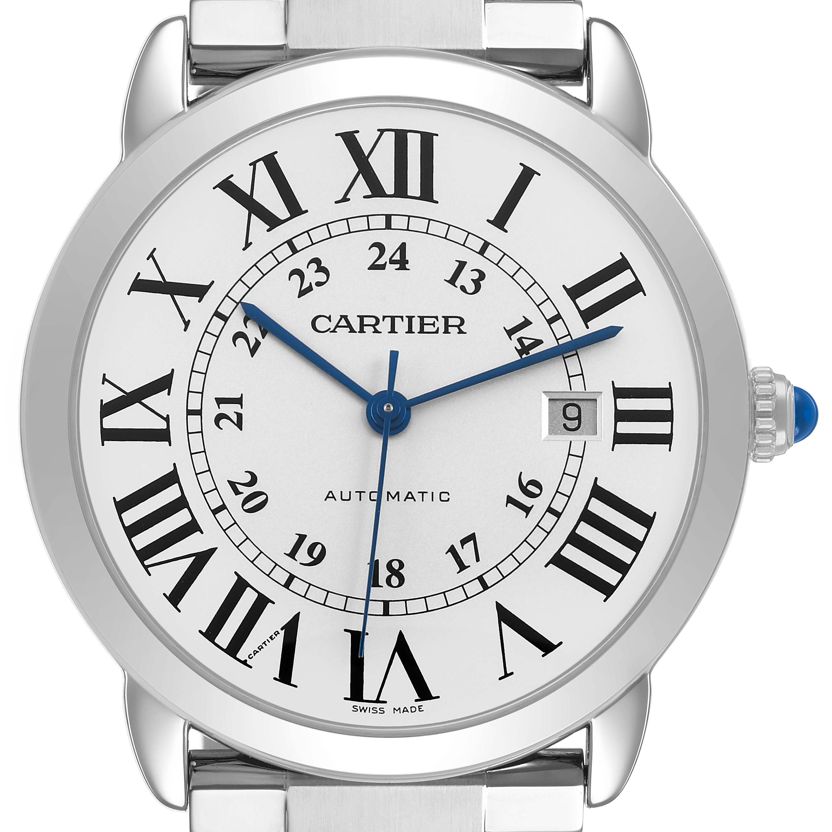 The Cartier Ronde W6701011 Men's Stainless Steel Silver Dial watch is shown from a front angle, highlighting the Roman numerals, blue hands, and date window.