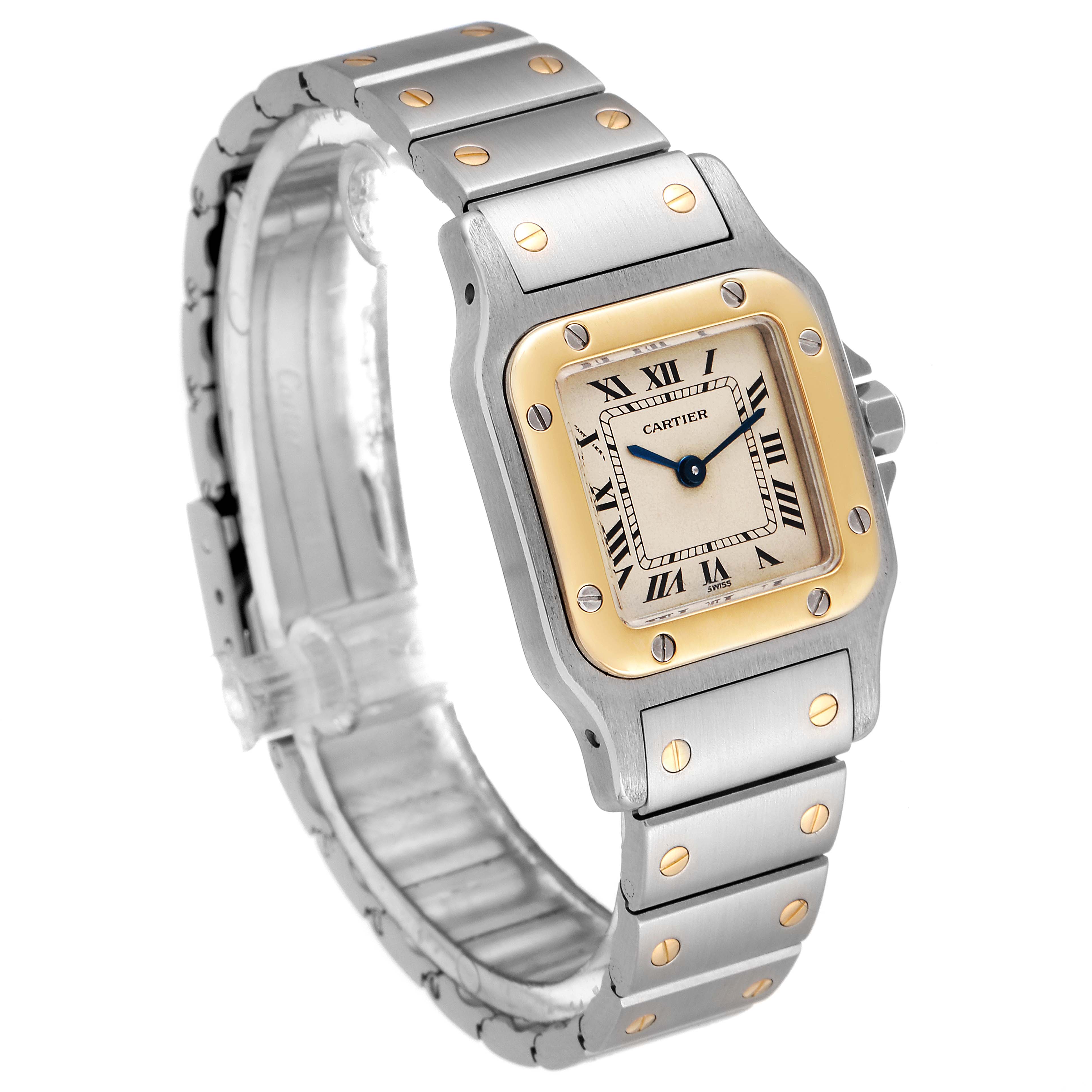 The image shows a Cartier Santos W20012C4 Women's Steel and Gold (two tone) Silver Dial W20012C4 Women's Steel and Gold (two tone) Silver Dial model watch from a side angle, displaying the face, bezel, crown, and bracelet.
