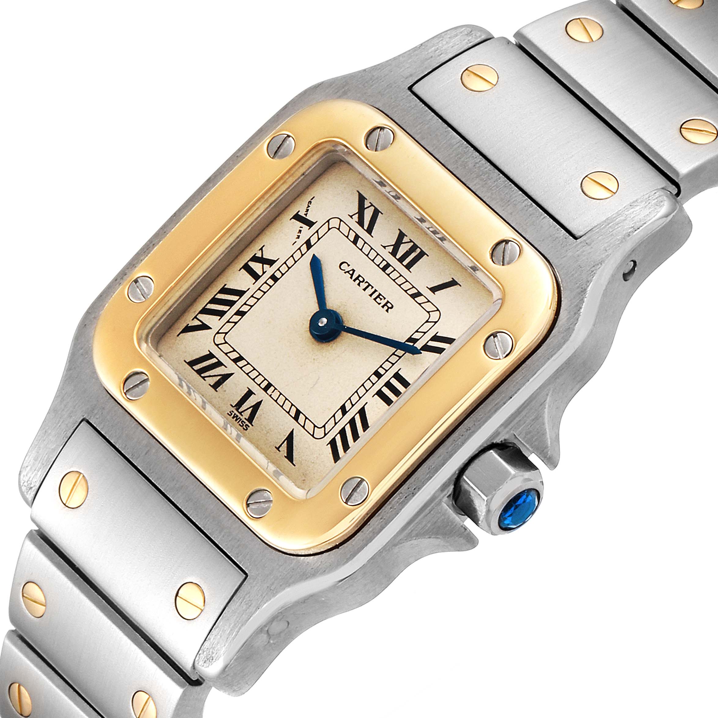 The Cartier Santos W20012C4 Women's Steel and Gold (two tone) Silver Dial W20012C4 Women's Steel and Gold (two tone) Silver Dial watch is shown at an oblique angle displaying the face, bezel, and part of the bracelet.