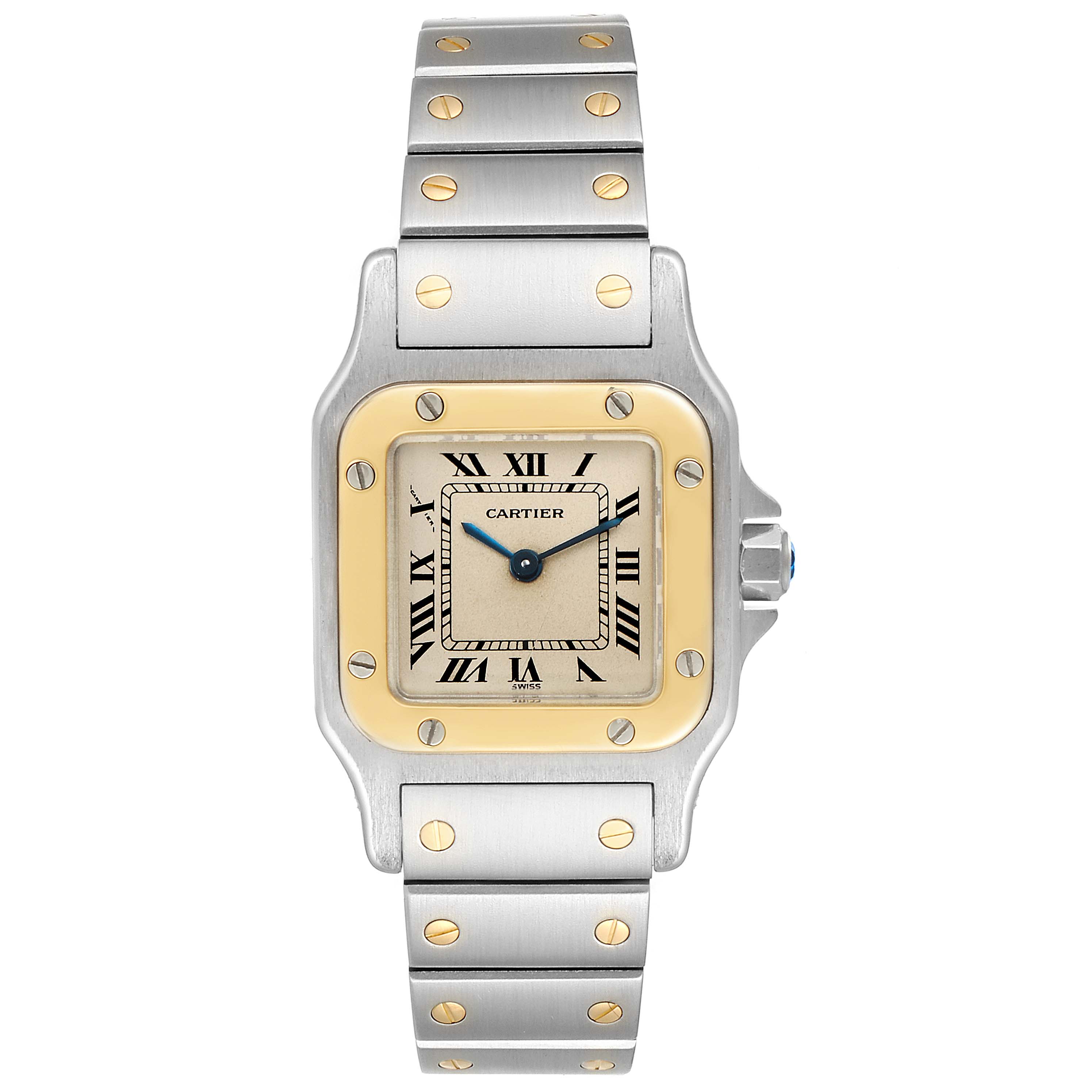 This image shows a Cartier Santos W20012C4 Women's Steel and Gold (two tone) Silver Dial W20012C4 Women's Steel and Gold (two tone) Silver Dial watch with a square face, Roman numerals, and a two-tone metal bracelet, viewed from the front.
