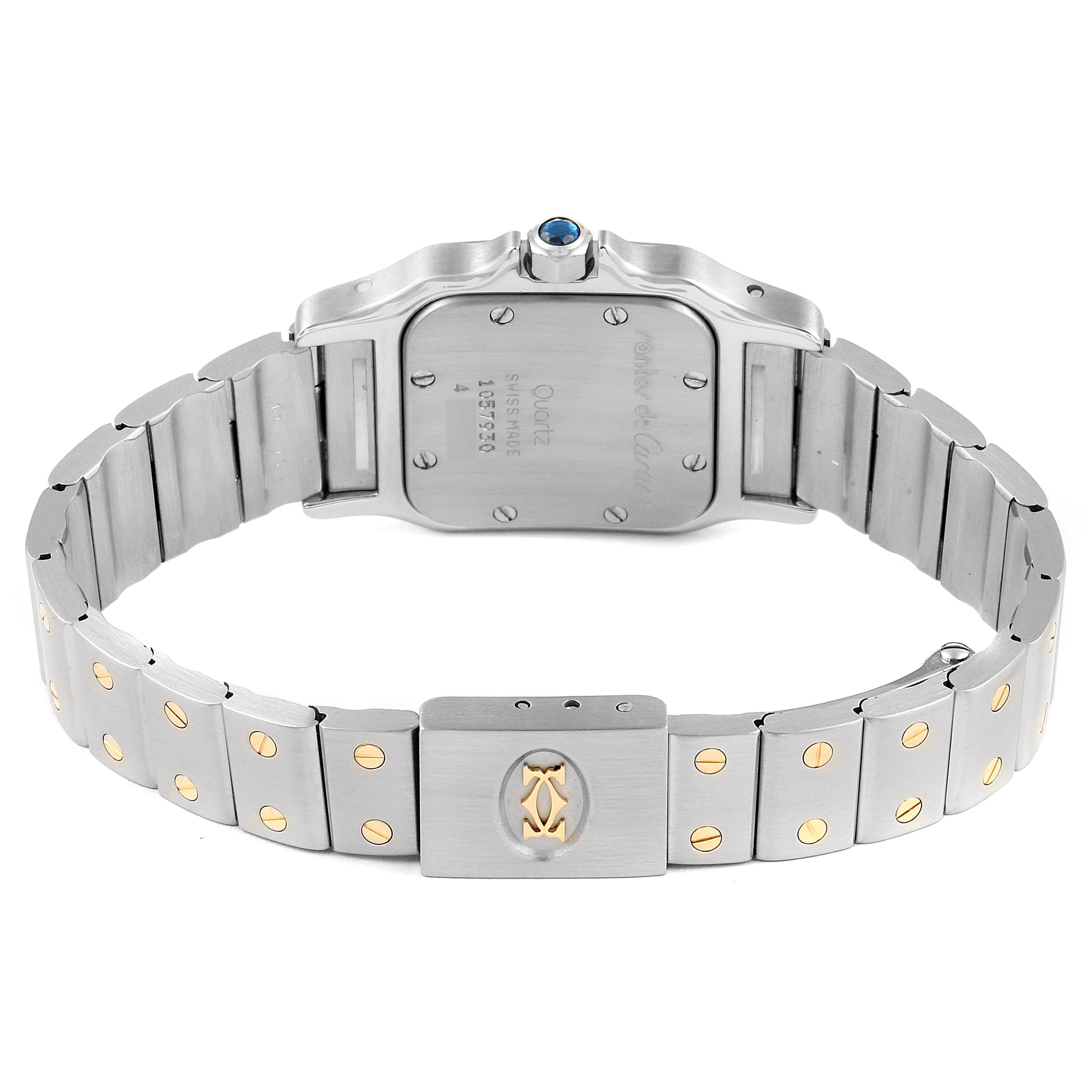 This image shows the back view of the Santos model by Cartier, highlighting the case, bracelet, and clasp.