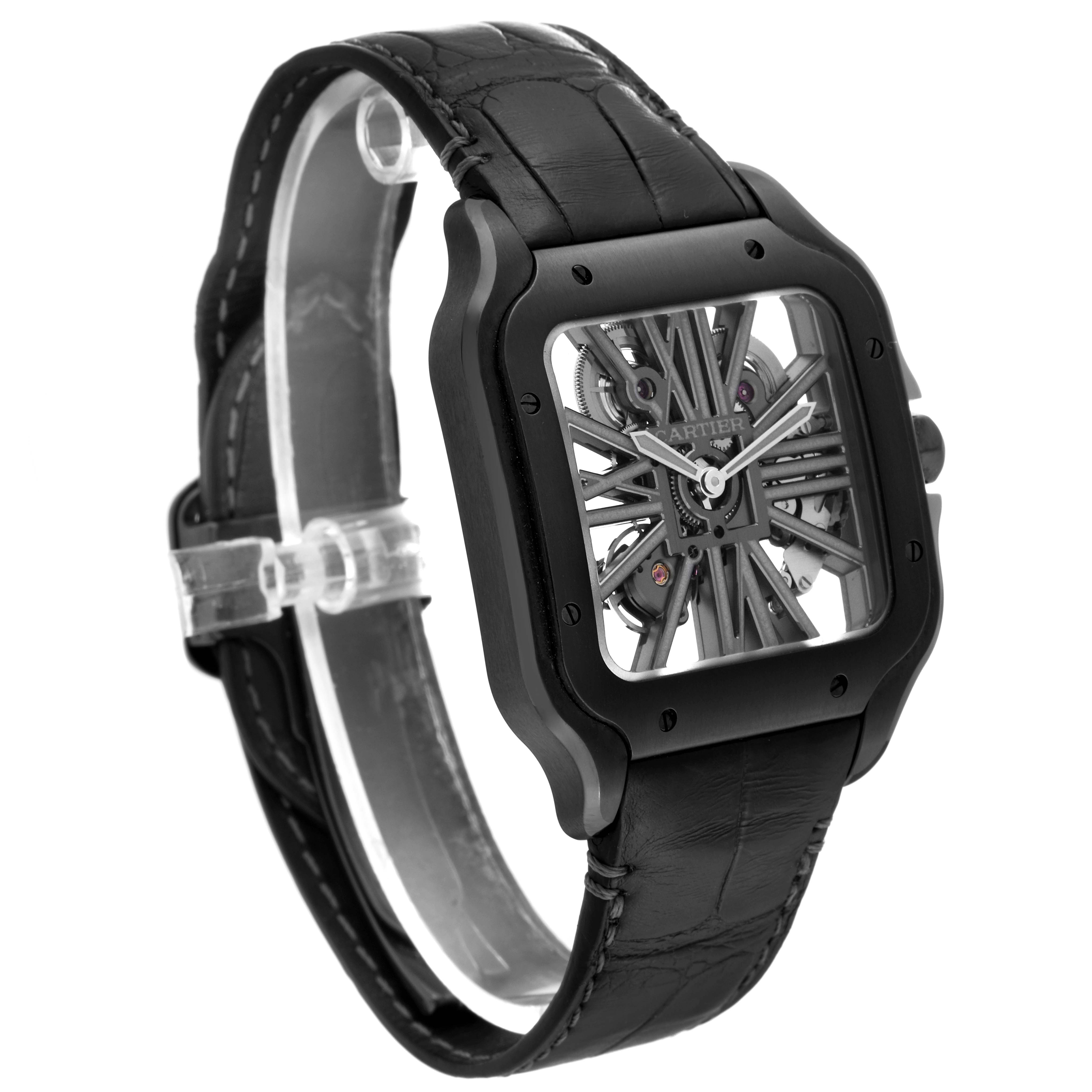 The image shows a Cartier Santos WHSA0009 Men's Stainless Steel Transparent Dial WHSA0009 Men's Stainless Steel Transparent Dial watch in a three-quarter angle with a black leather strap and visible skeleton dial.
