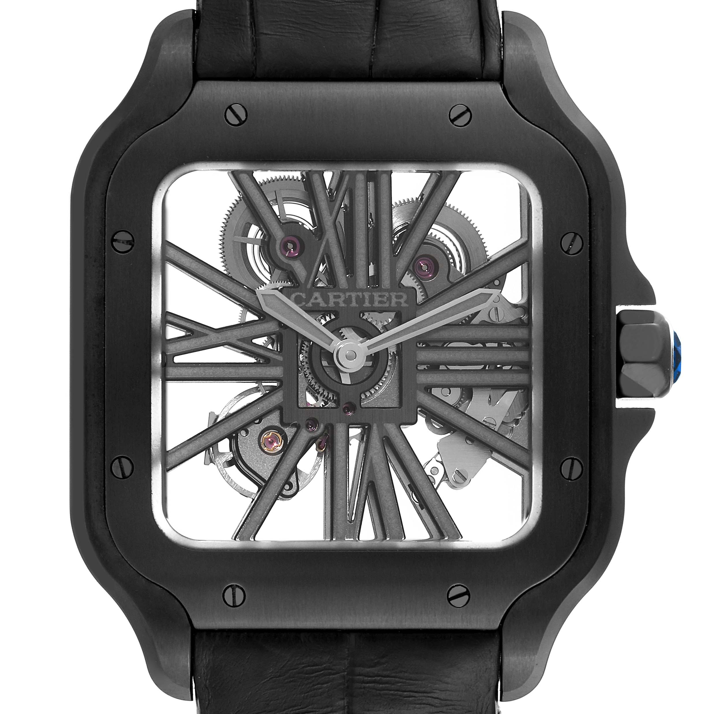 The image shows a close-up, front view of the Cartier Santos WHSA0009 Men's Stainless Steel Transparent Dial WHSA0009 Men's Stainless Steel Transparent Dial watch, highlighting its skeleton dial and black leather strap.