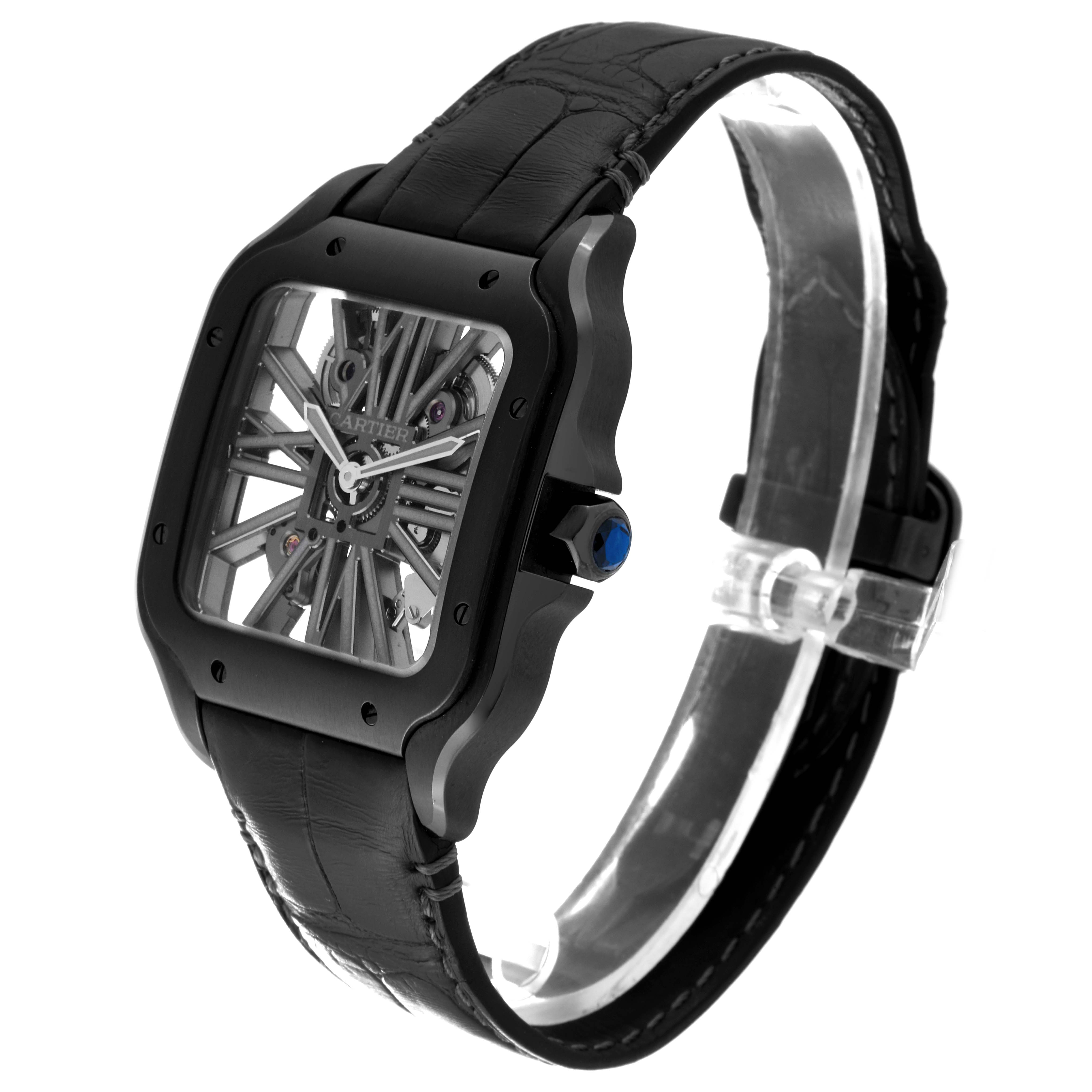 The Cartier Santos WHSA0009 Men's Stainless Steel Transparent Dial WHSA0009 Men's Stainless Steel Transparent Dial watch is shown from a 3/4 angle, displaying the face, case, and black strap.