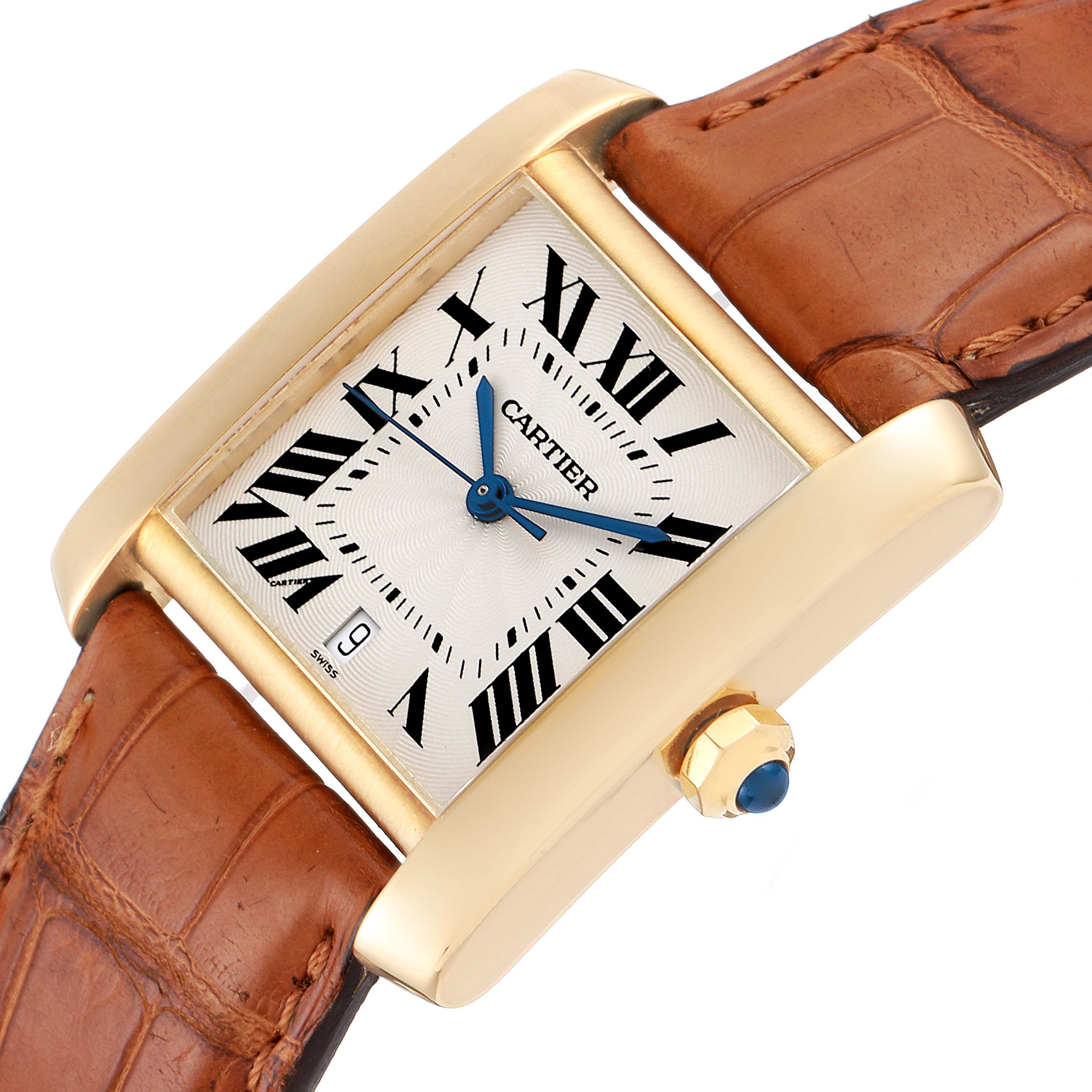 The image shows a Cartier Tank Francaise W5000156 Men's Yellow Gold Silver Dial W5000156 Men's Yellow Gold Silver Dial watch at an angled view, displaying the dial, crown, and part of the leather strap.