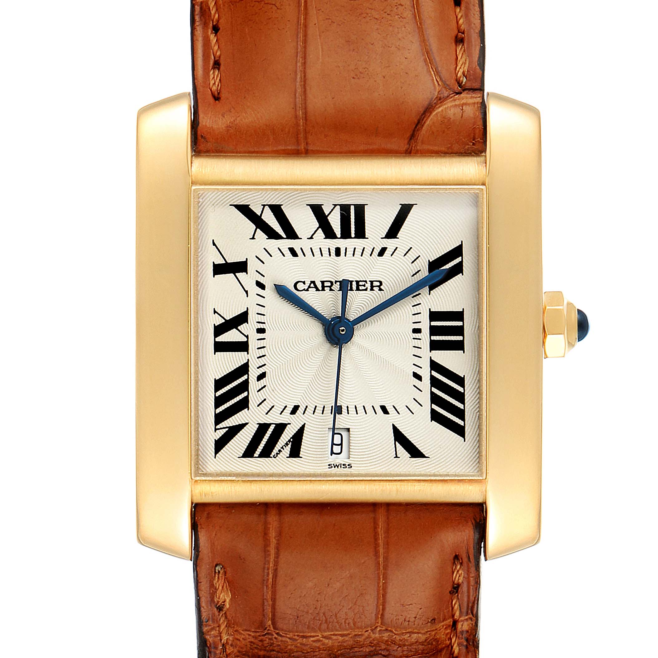The image shows a front view of the Cartier Tank Francaise W5000156 Men's Yellow Gold Silver Dial W5000156 Men's Yellow Gold Silver Dial watch, highlighting the dial, case, and part of the leather strap.