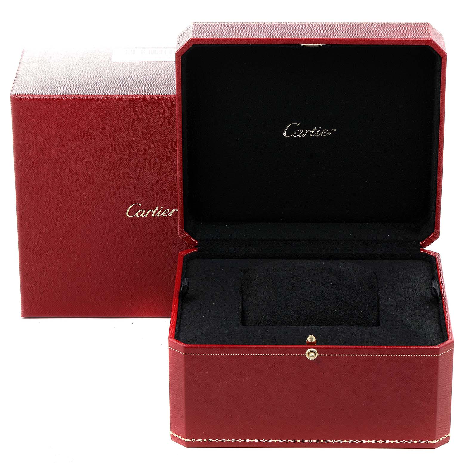 This image shows an open red Cartier box and its case, designed for the Tank Francaise model watch.