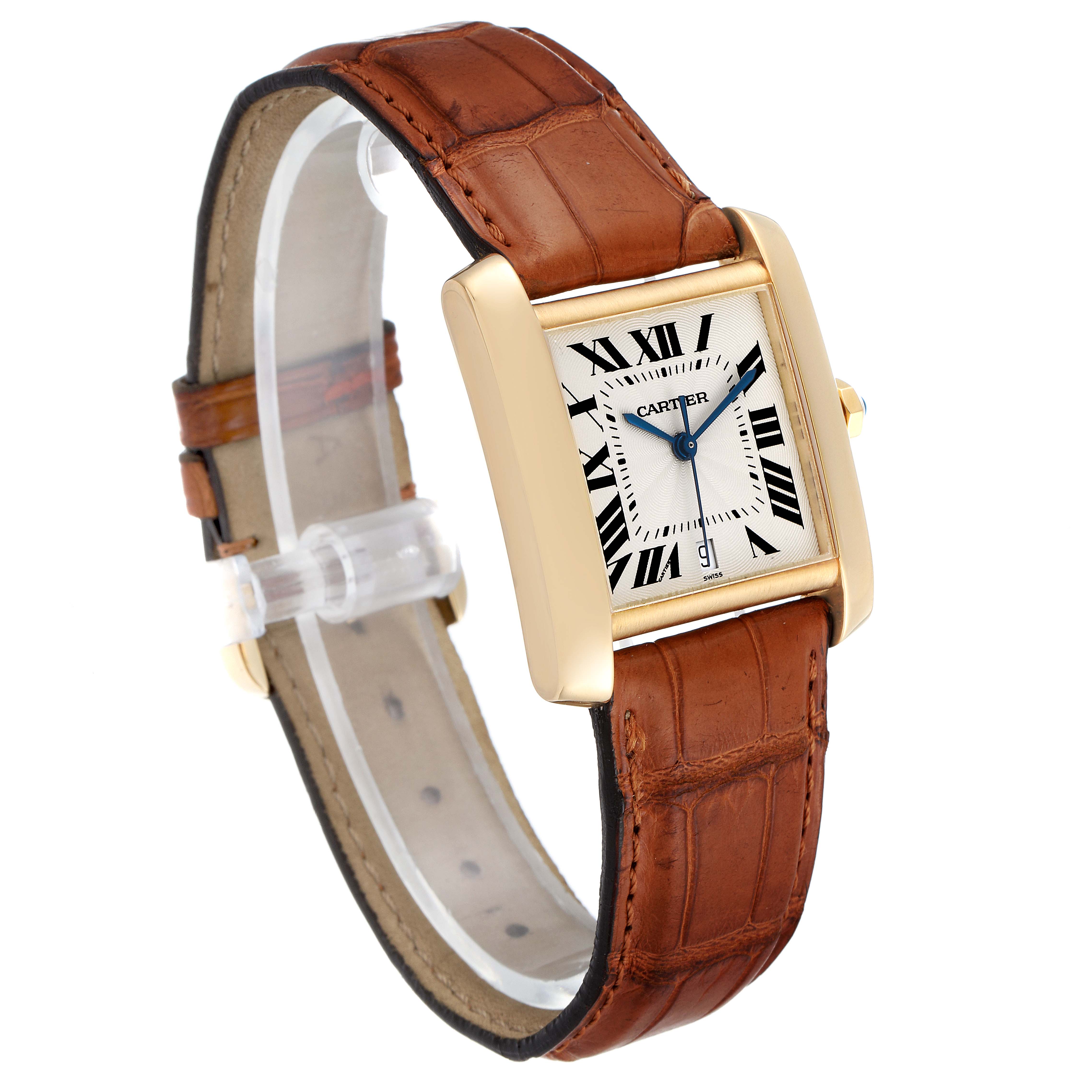 The image shows a Cartier Tank Francaise W5000156 Men's Yellow Gold Silver Dial W5000156 Men's Yellow Gold Silver Dial model watch, angled to display its face, leather strap, and part of the clasp.